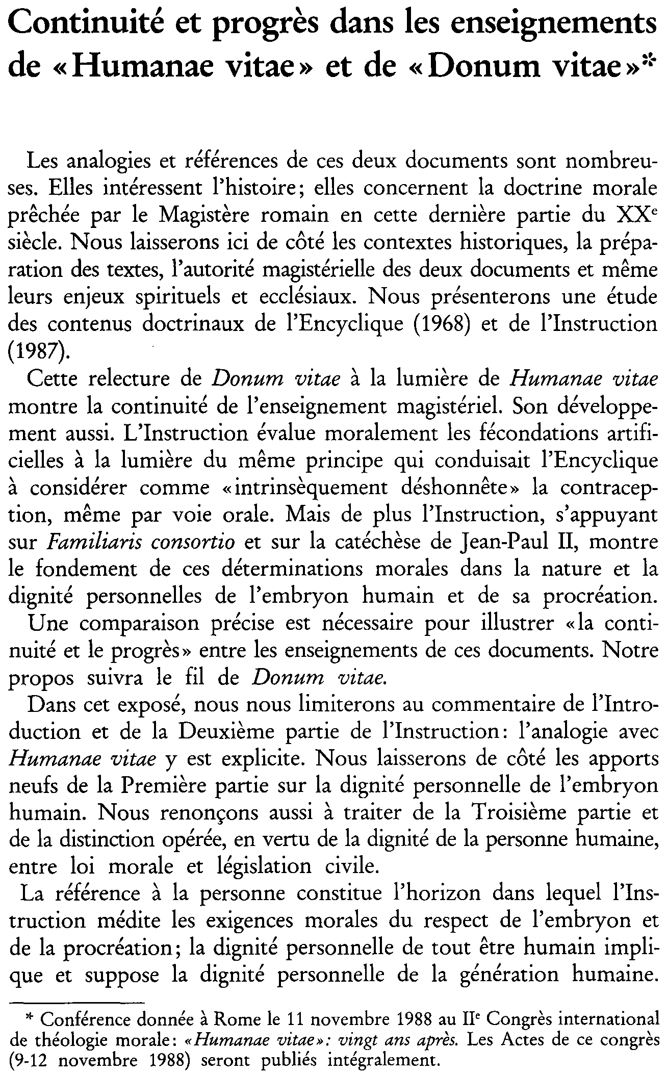 Continuité et progrès dans les enseignement de Humanae vitae et de Donum vitae