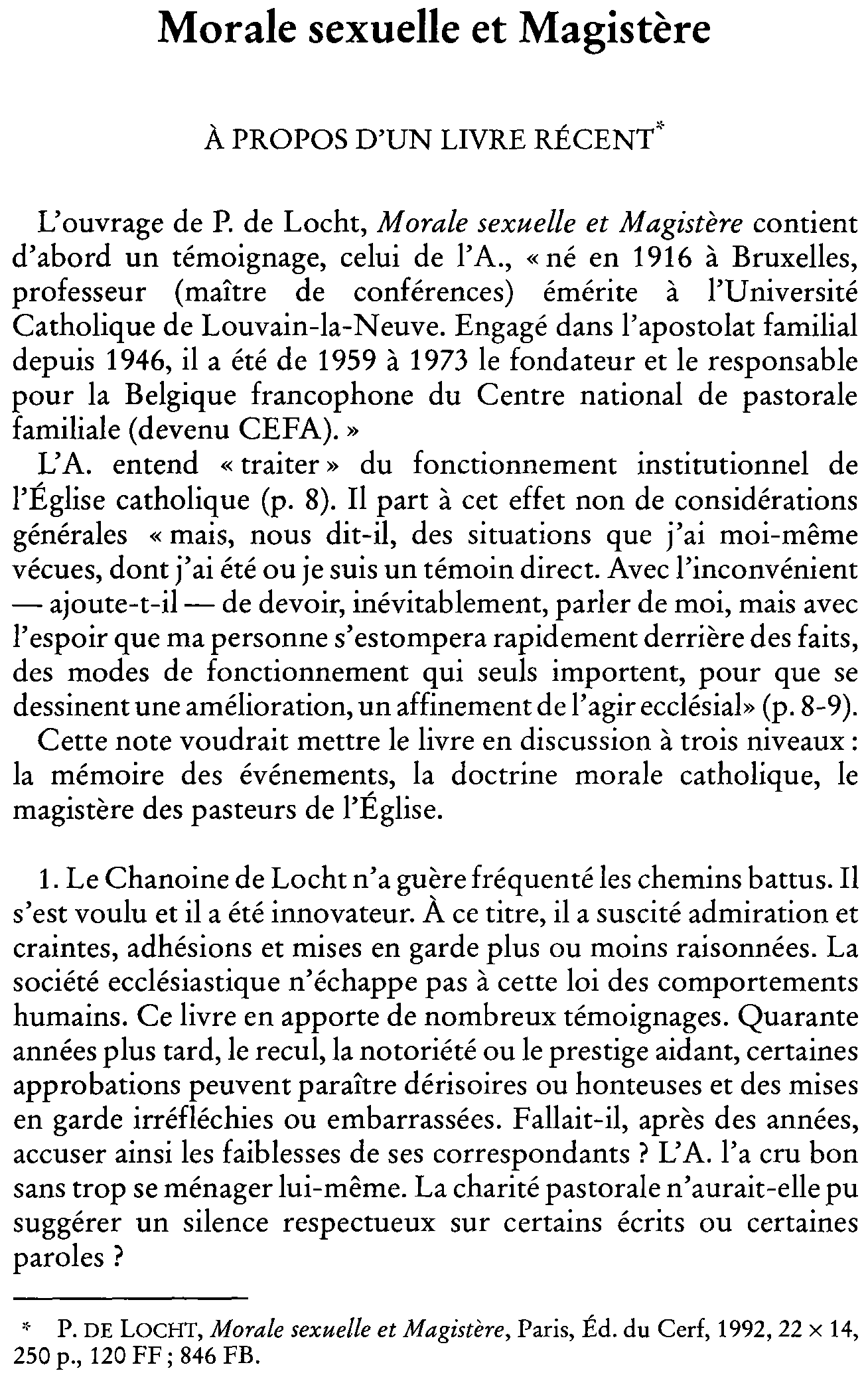 Morale sexuelle et Magistère. À propos d'un livre récent