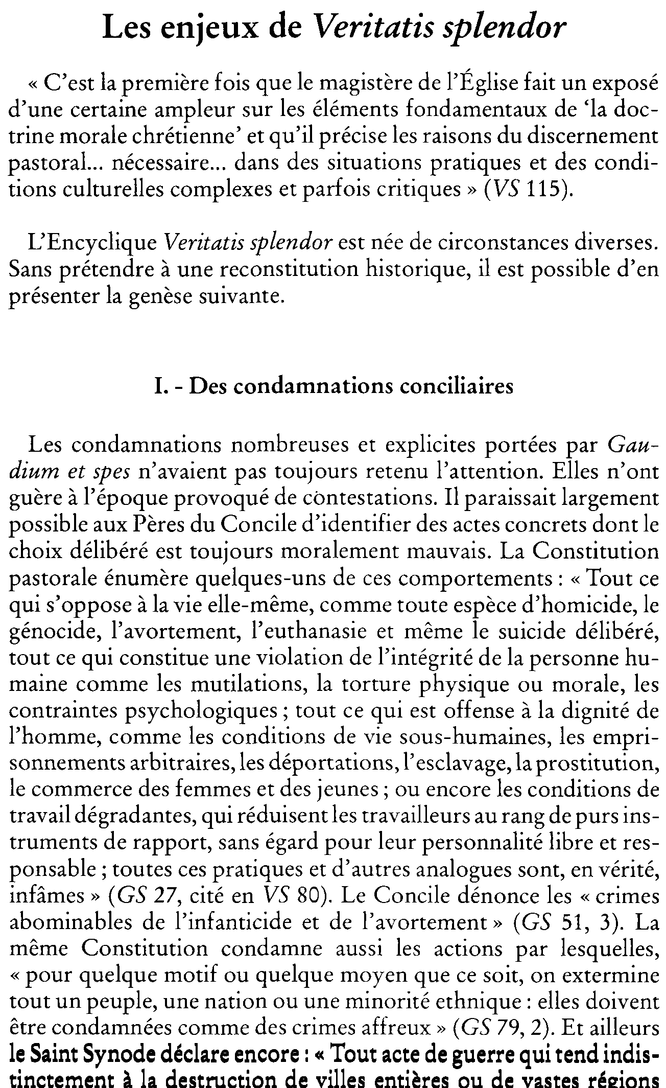 Les enjeux de Veritatis splendor