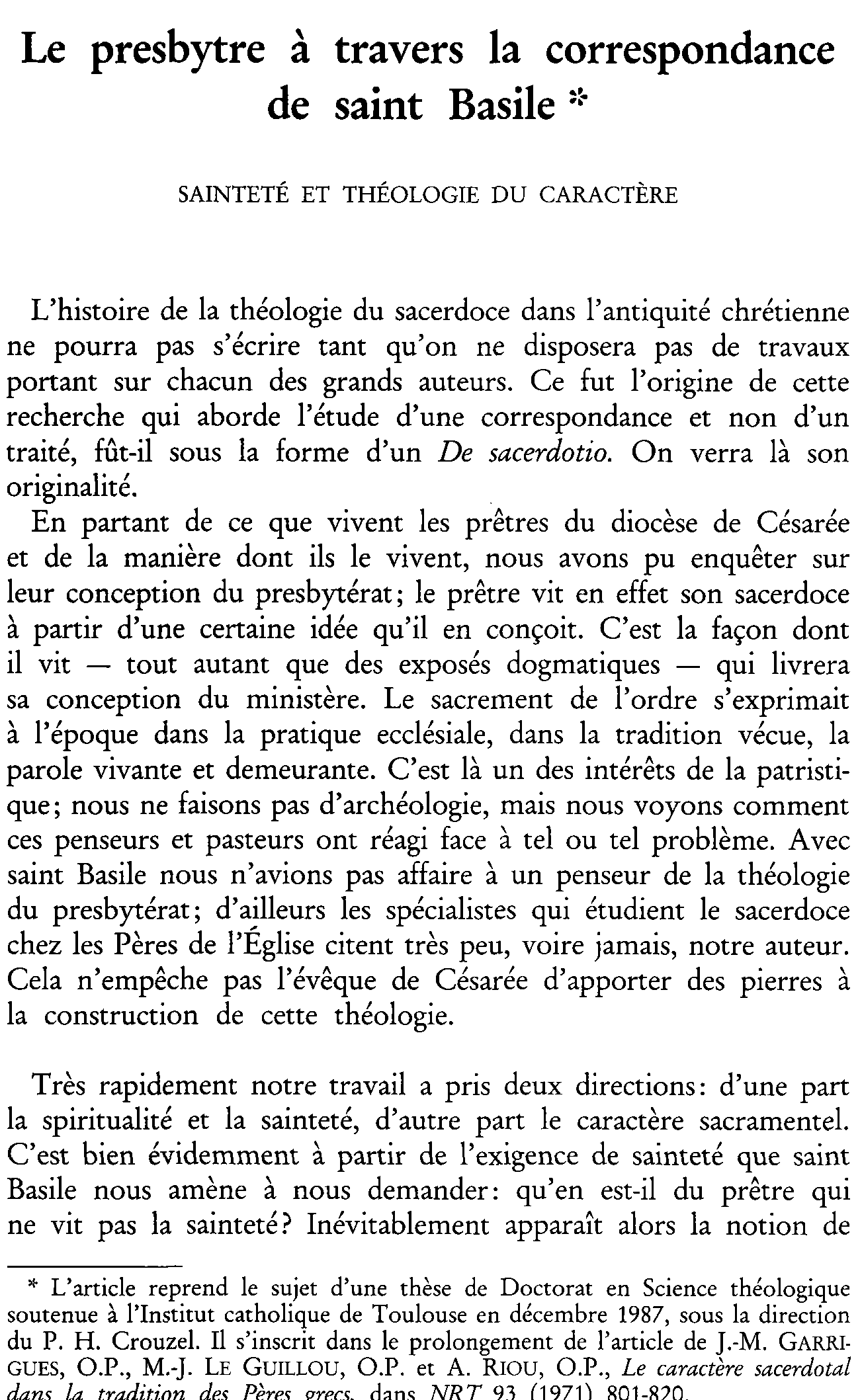 Le presbytre à  travers la correspondance de saint Basile. Sainteté et théologie du caractère
