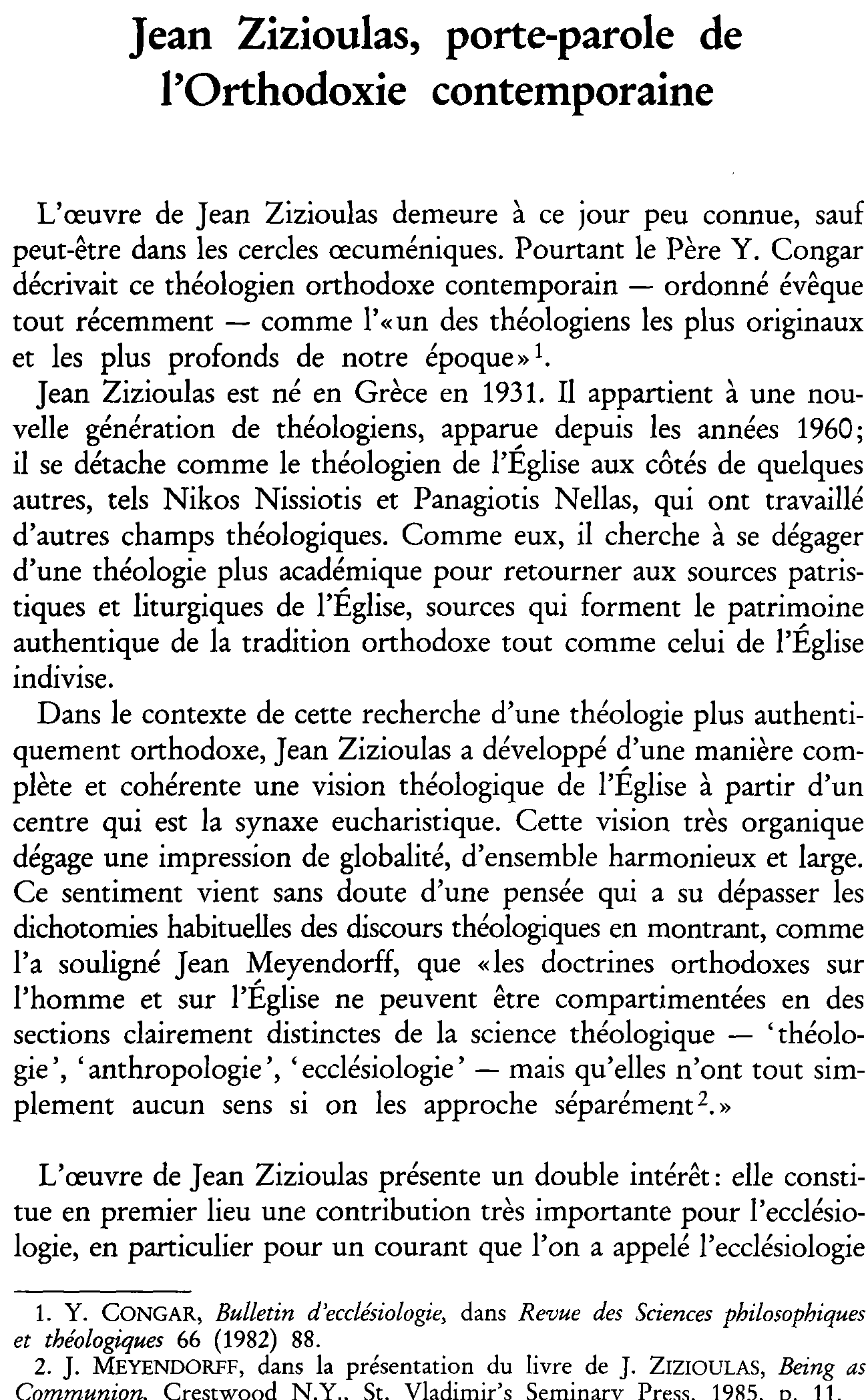Jean Zizioulas, porte-parole de l'Orthodoxie contemporaine