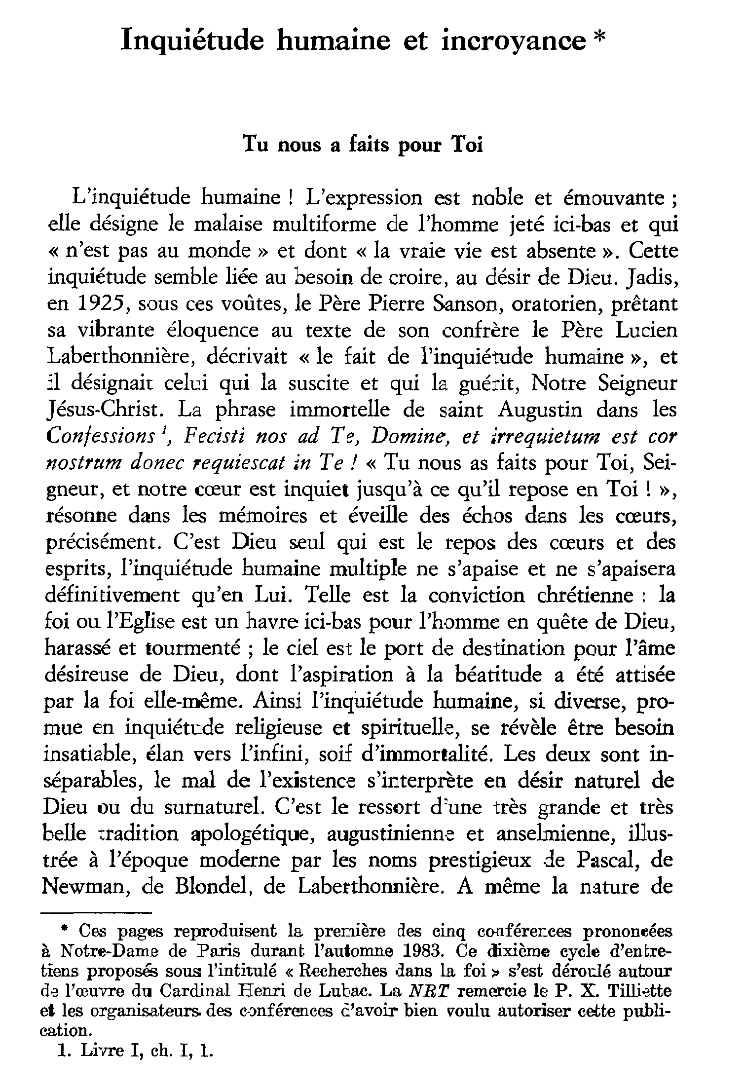 Inquiétude humaine et incroyance