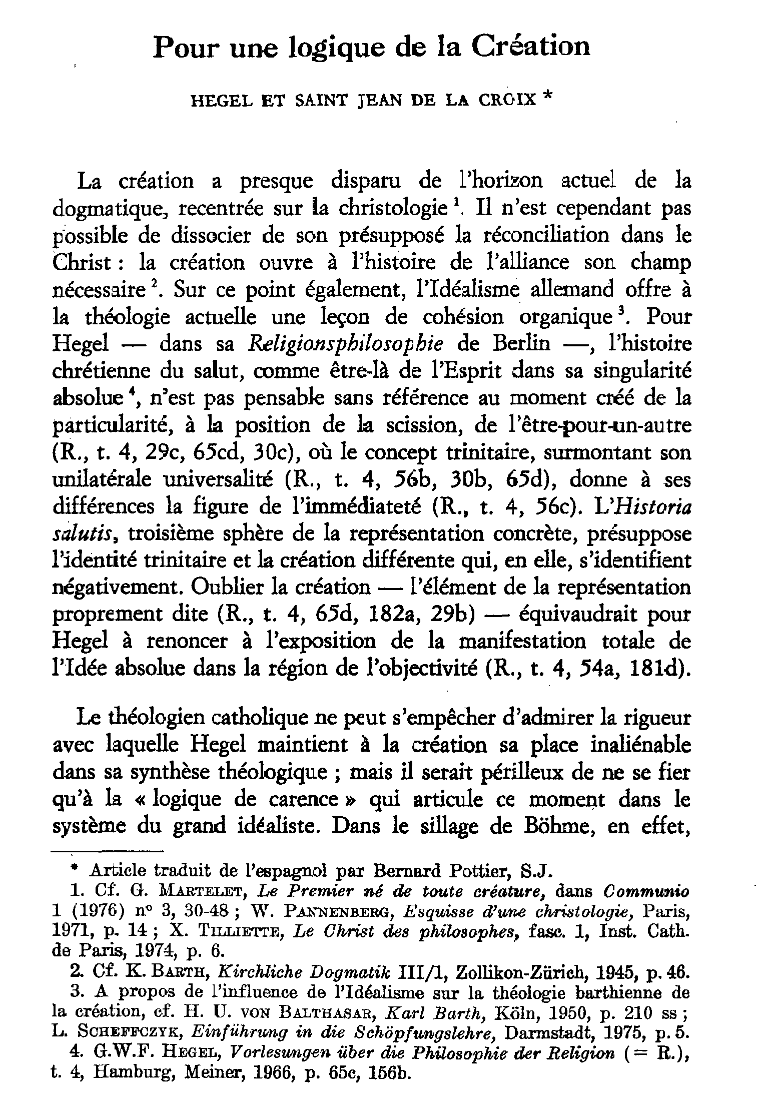 Pour une logique de la Création. Hegel et saint Jean de la Croix
