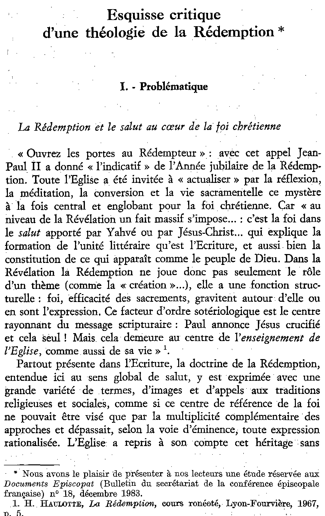 Esquisse critique d'une théologie de la Rédemption