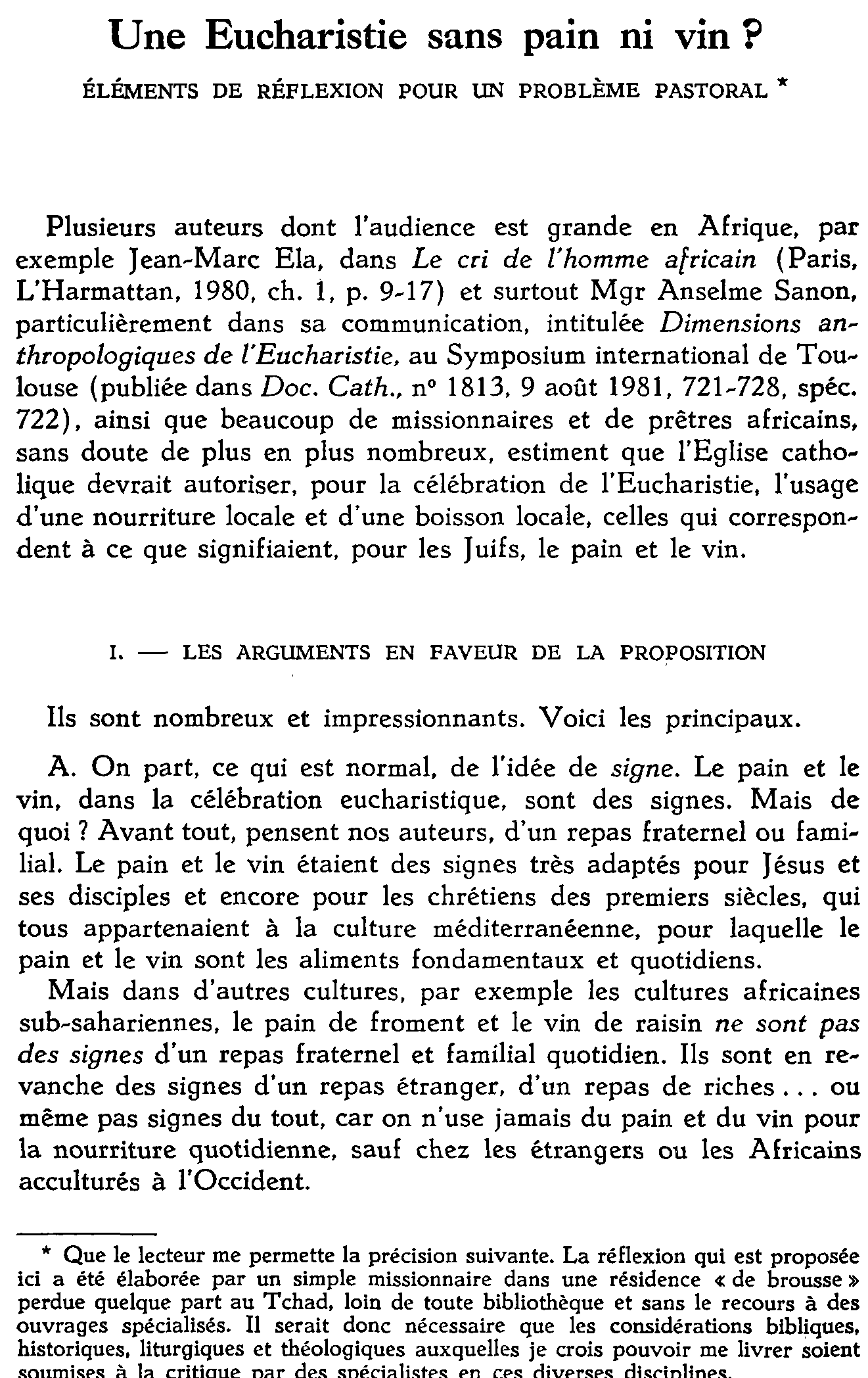 Une Eucharistie sans pain ni vin? Éléments de réflexion pour un problème pastoral
