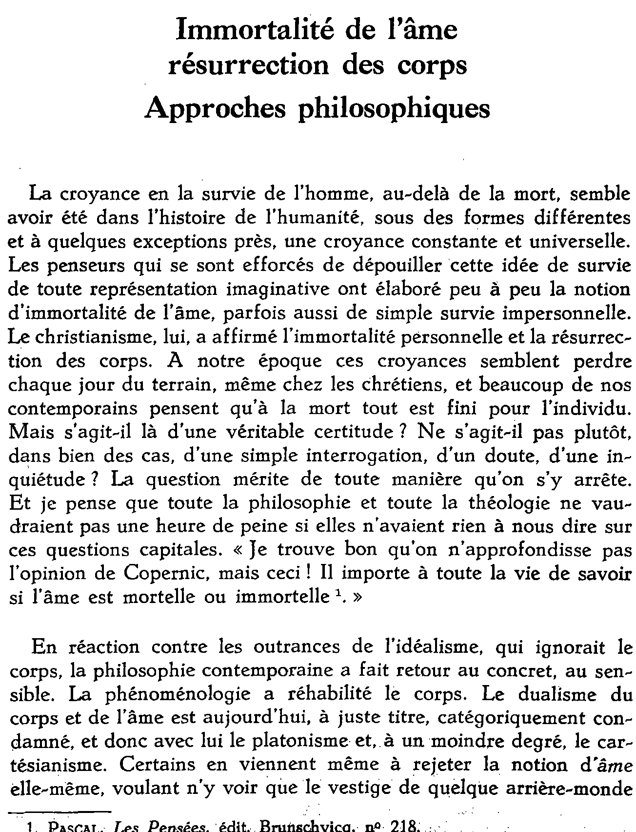 Immortalité de l'âme, résurrection des corps. Approches philosophiques