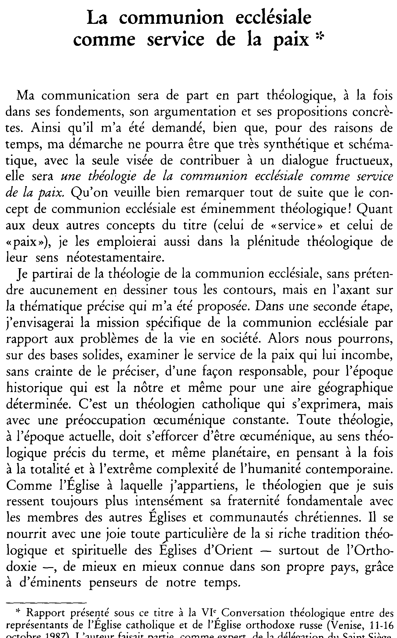 La communion ecclésiale comme service de la paix