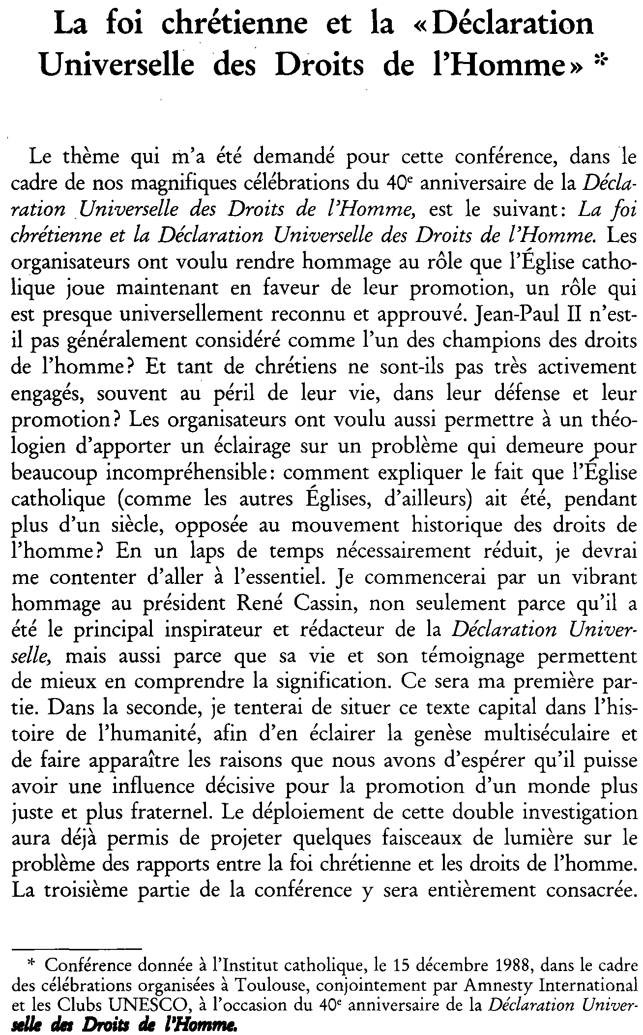 La foi chrétienne et la «Déclaration Universelle des Droits de l'Homme»