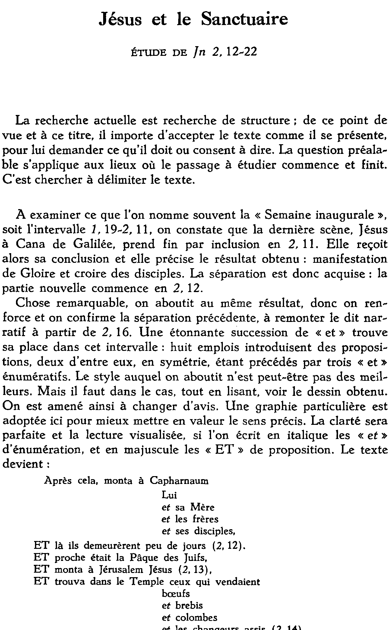 Jésus et le Sanctuaire. Étude de Jean 2,12-22