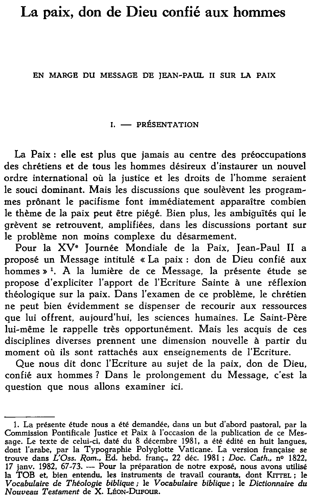 La paix, don de Dieu confié aux hommes. En marge du message de Jean-Paul IIsur la paix