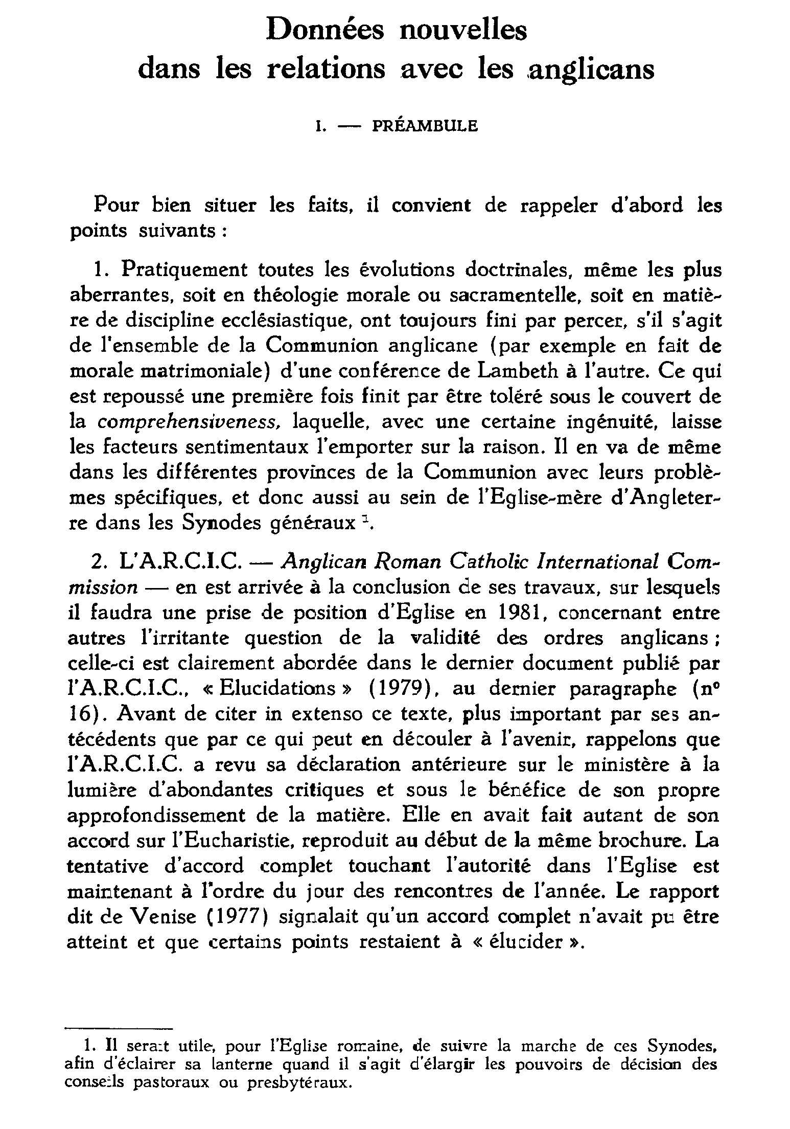 Données nouvelles dans les relations avec les anglicans