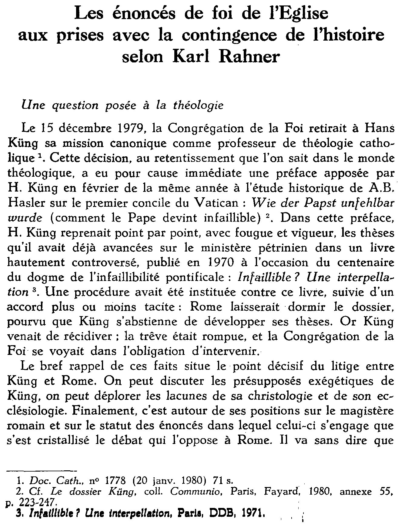 Les énoncés de foi de l'Église aux prises avec la contingence de l'histoire selon Karl Rahner