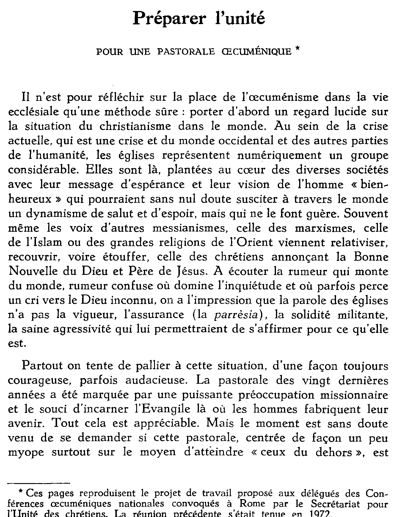 Préparer l'unité. Pour une pastorale oecuménique