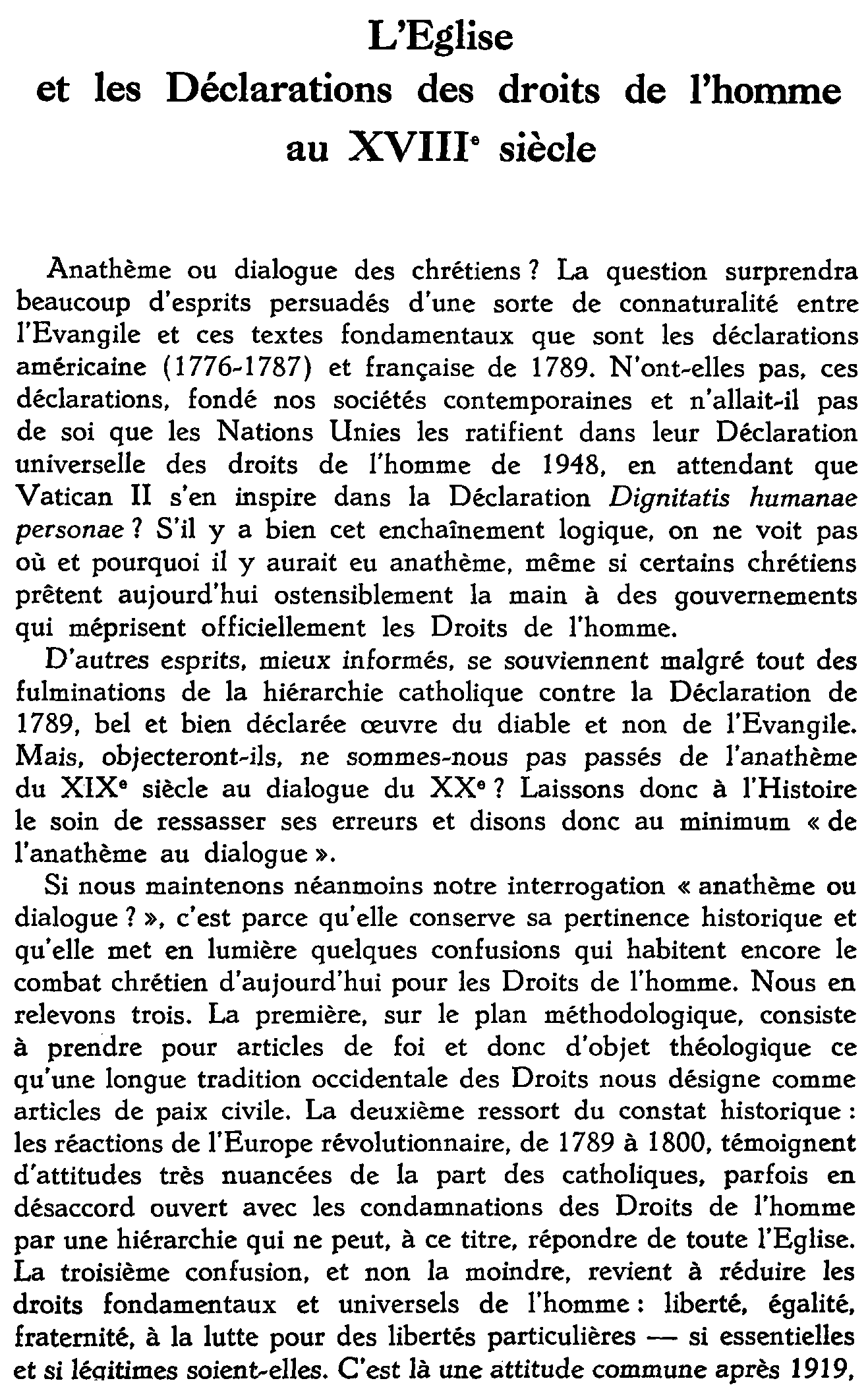 L'Église et les Déclarations des droits de l'homme au XVIIIe siècle