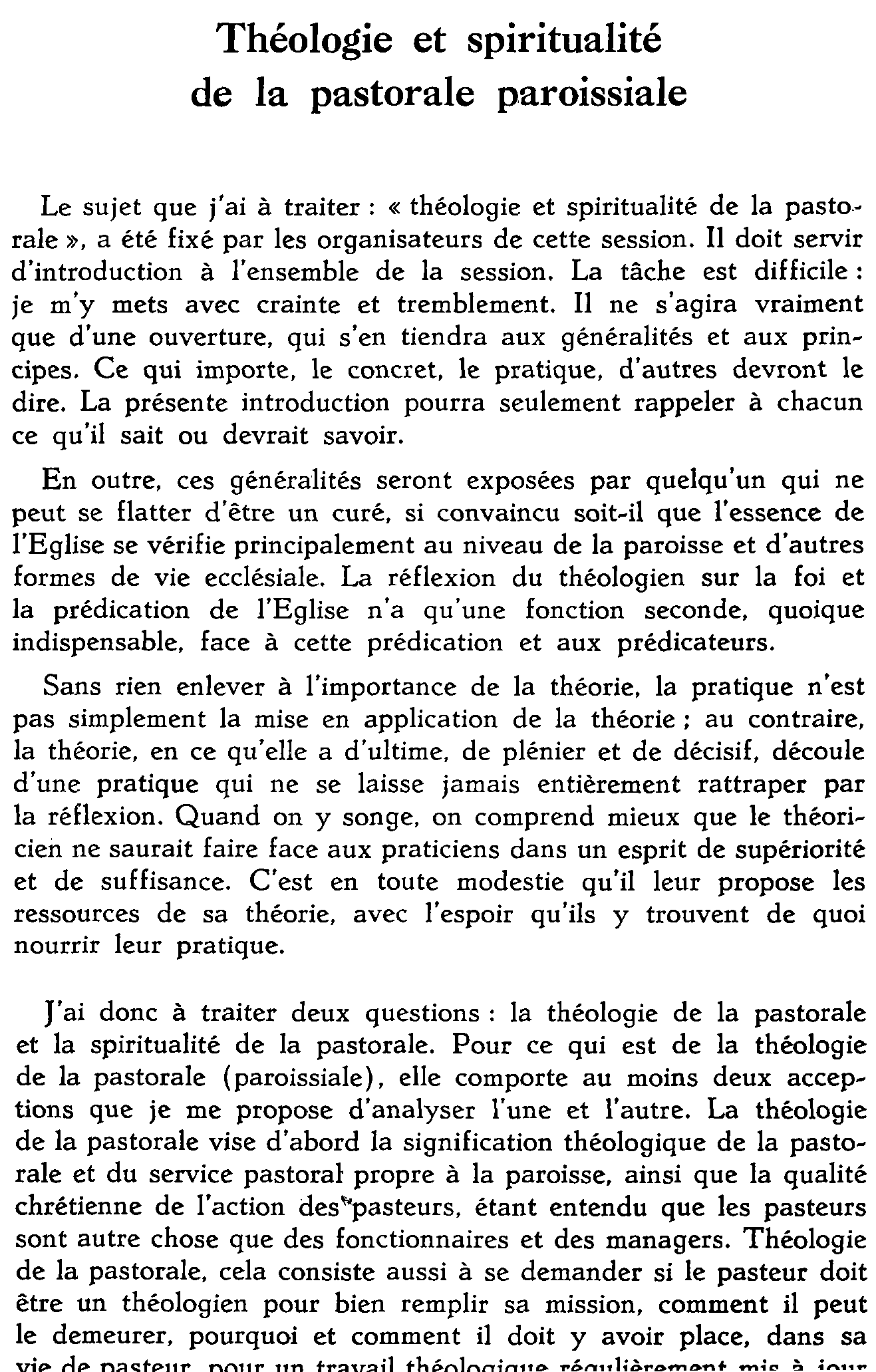 Théologie et spiritualité de la pastorale paroissiale