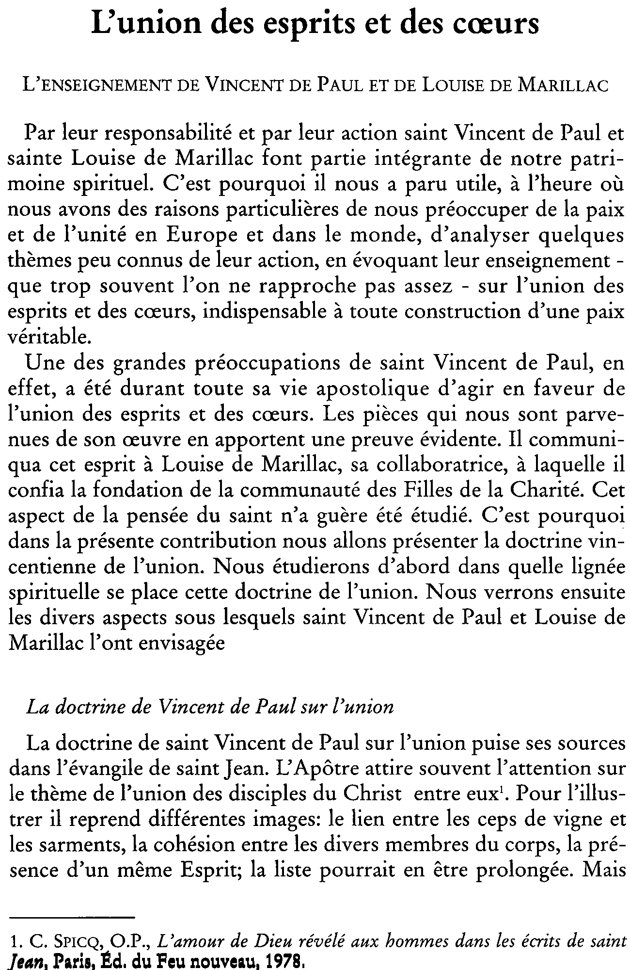 L'union des esprits et des coeurs. L'enseignement de Vincent de Paul et de Louise de Marillac