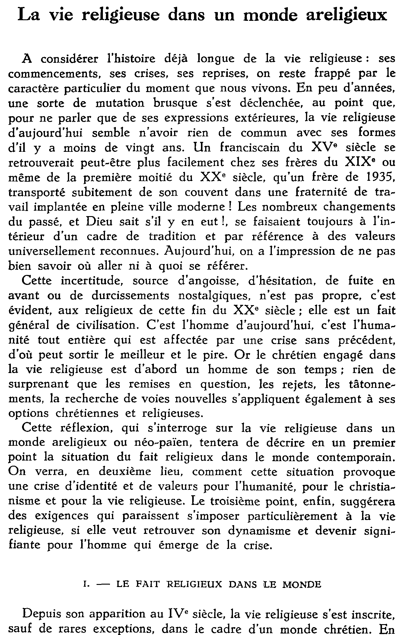 La vie religieuse dans un monde areligieux