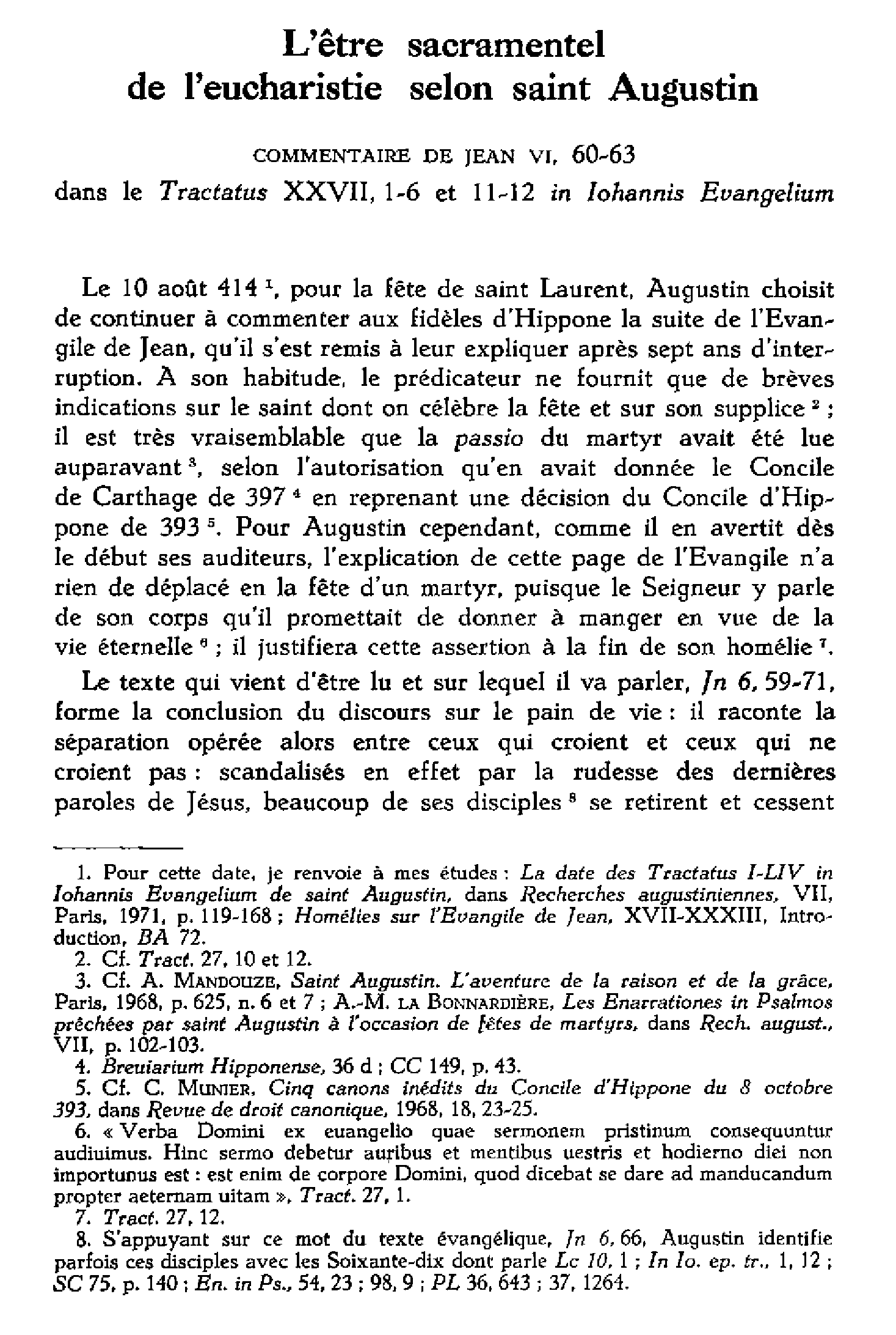 L'être sacramentel de l'eucharistie selon saint Augustin. Commentaire de Jean 6,60-63