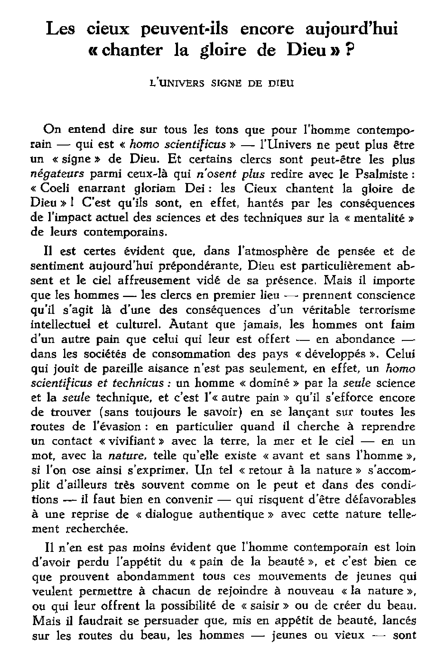 Les cieux peuvent-ils encore aujourd'hui «chanter la gloire de Dieu»? L'univers signe de Dieu