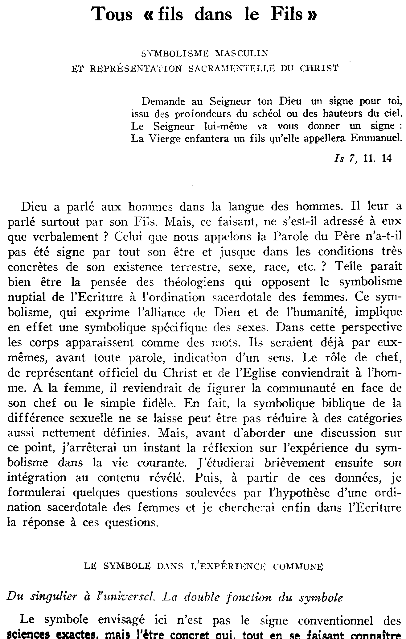 Tous «fils dans le Fils». Symbolisme masculin et représentation sacramentelle du Christ