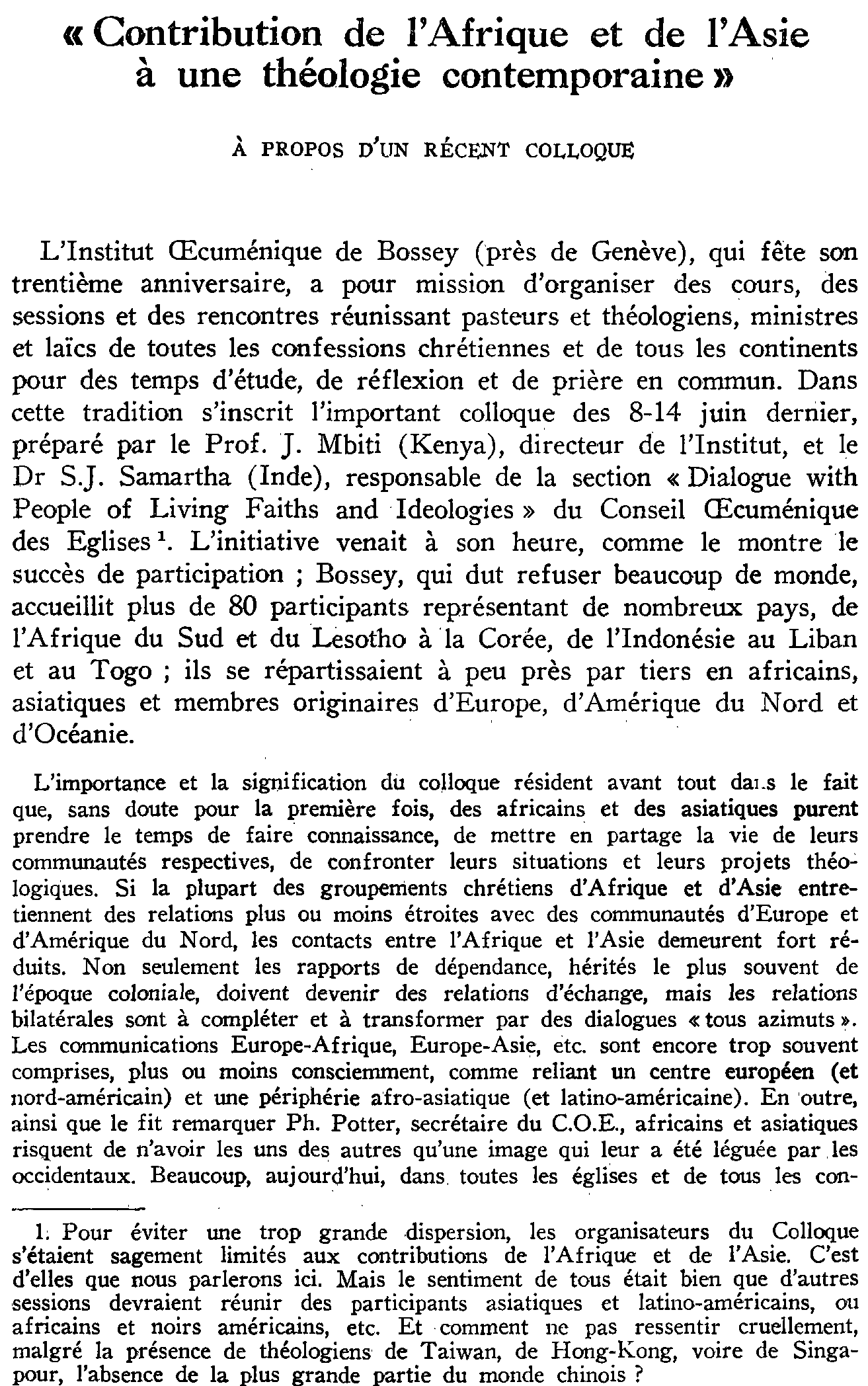 «Contribution de l'Afrique et de l'Asie à une théologie contemporaine». À propos d'un récent colloque