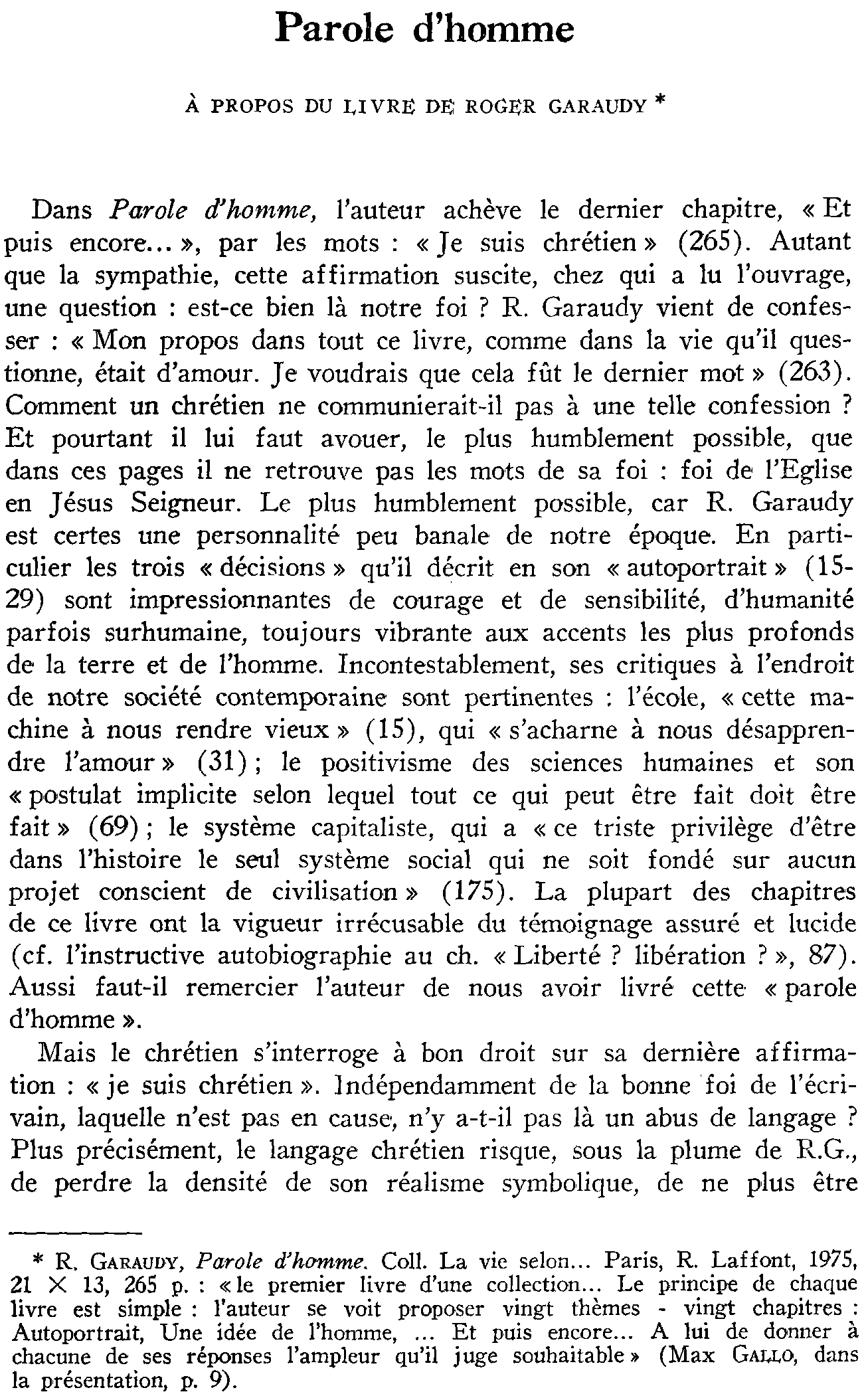 Parole d'homme. À propos du livre de Roger Garaudy