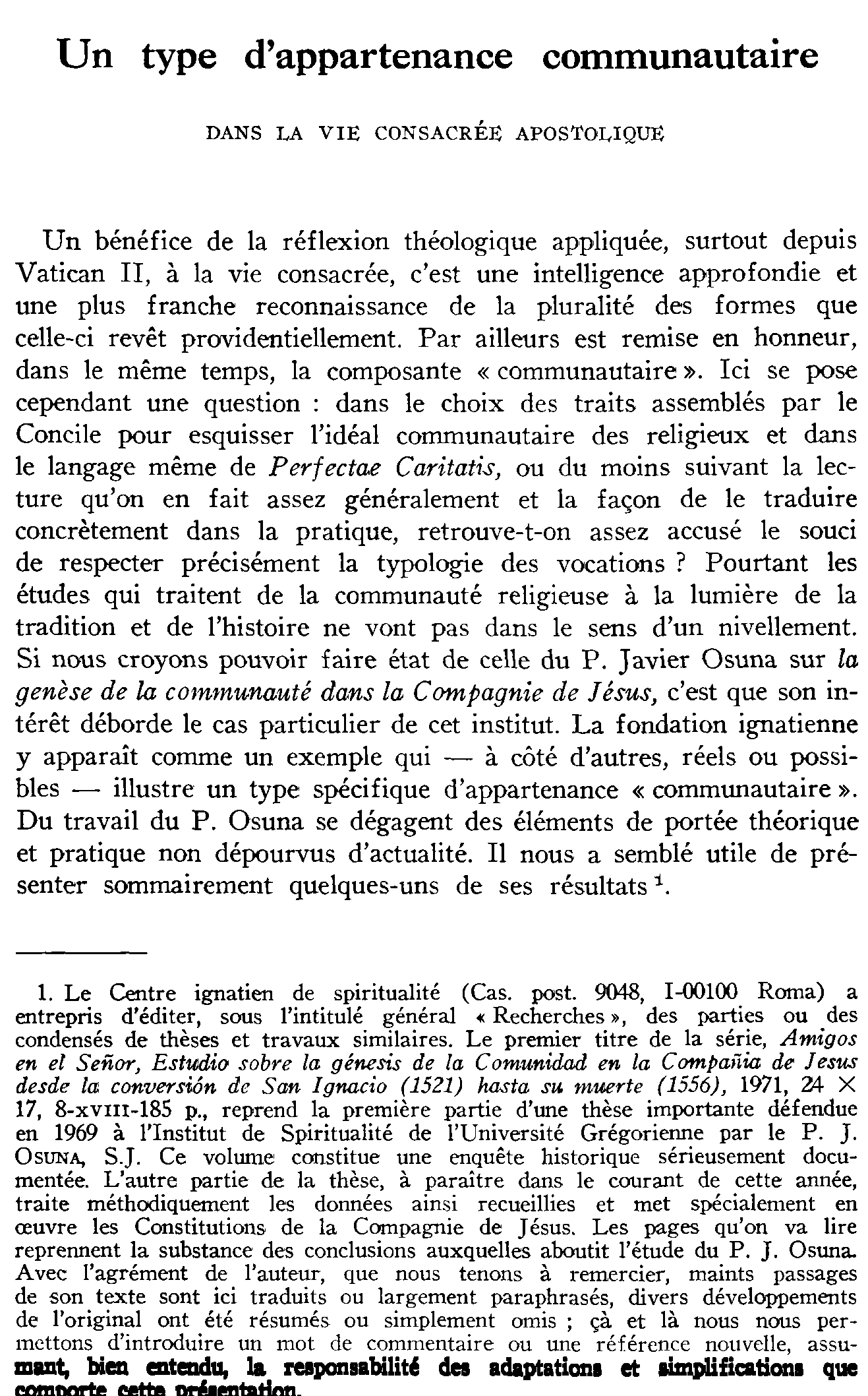 Un type d'appartenance communautaire dans la vie consacrée apostolique