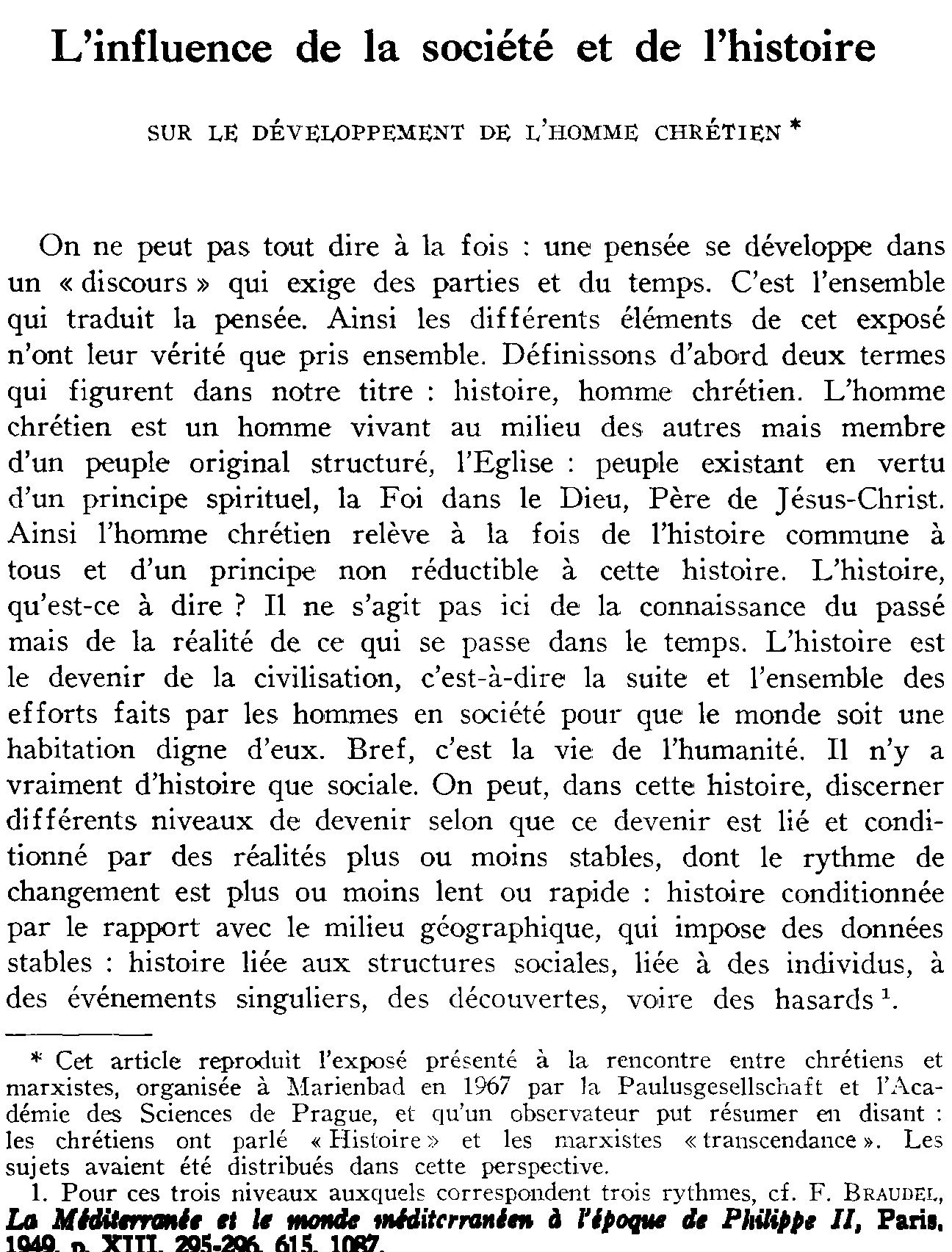L'influence de la société et de l'histoire sur le développement de l'homme chrétien
