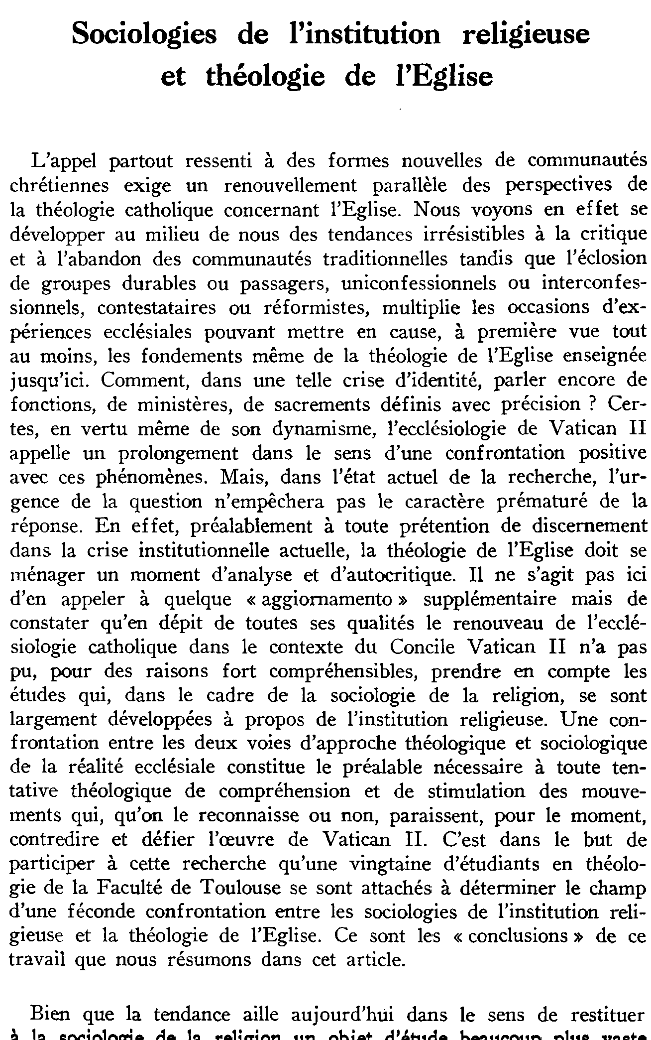 Sociologies de l'institution religieuse et théologie de l'Église