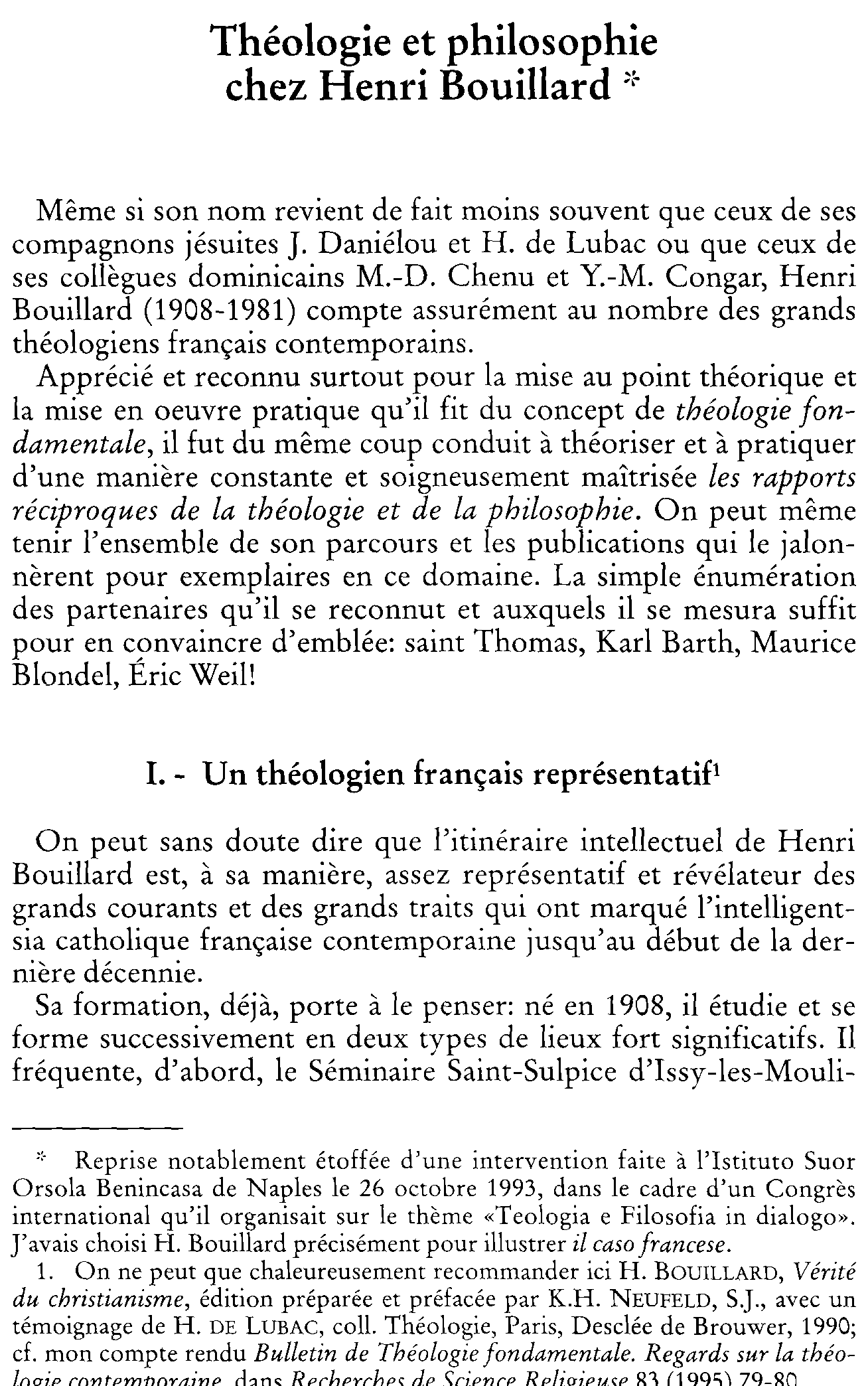 Théologie et philosophie chez Henri Bouillard