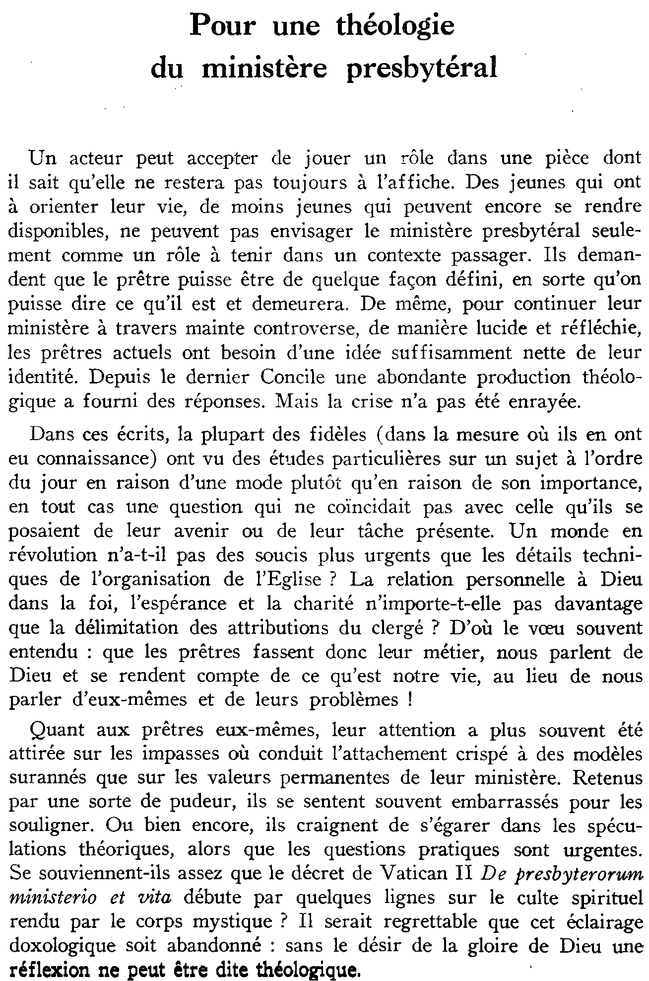 Pour une théologie du ministère presbytéral