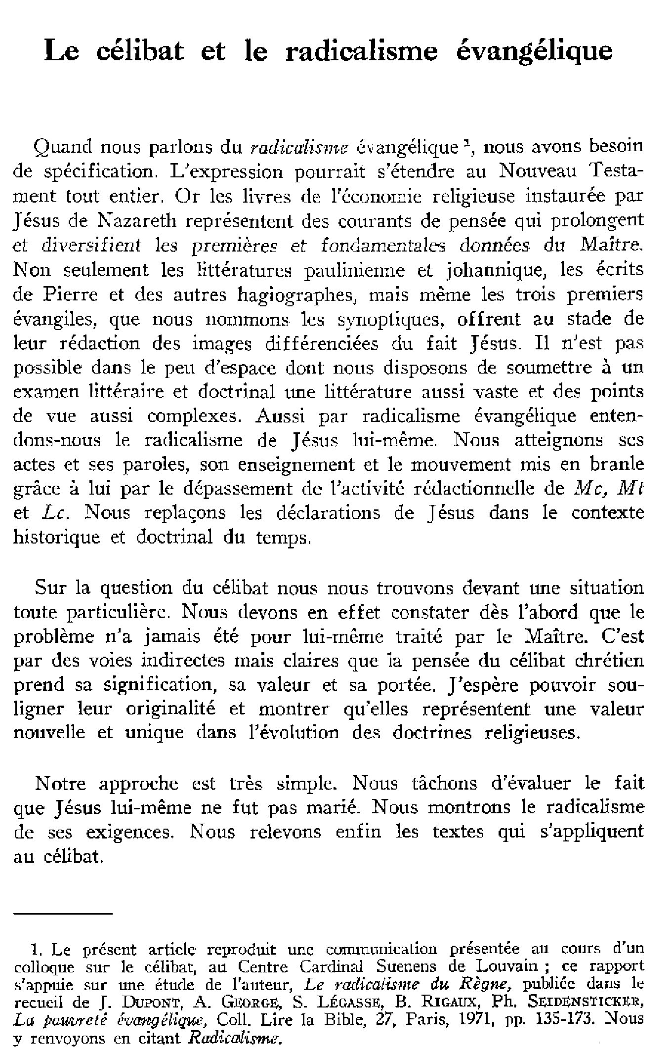 Le célibat et le radicalisme évangélique