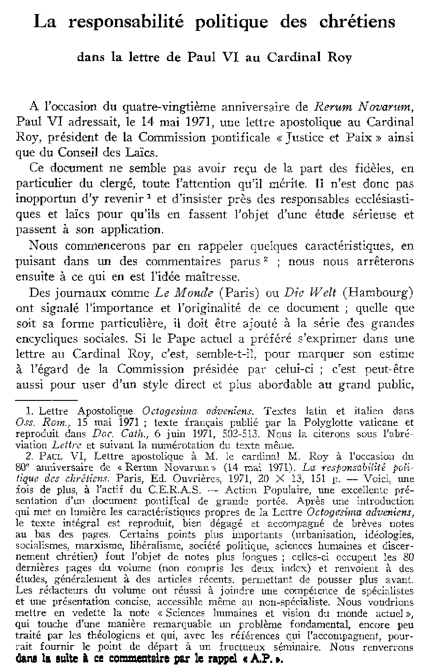 La responsabilité politique des chrétiens dans la lettre de Paul VI au Cardinal Roy