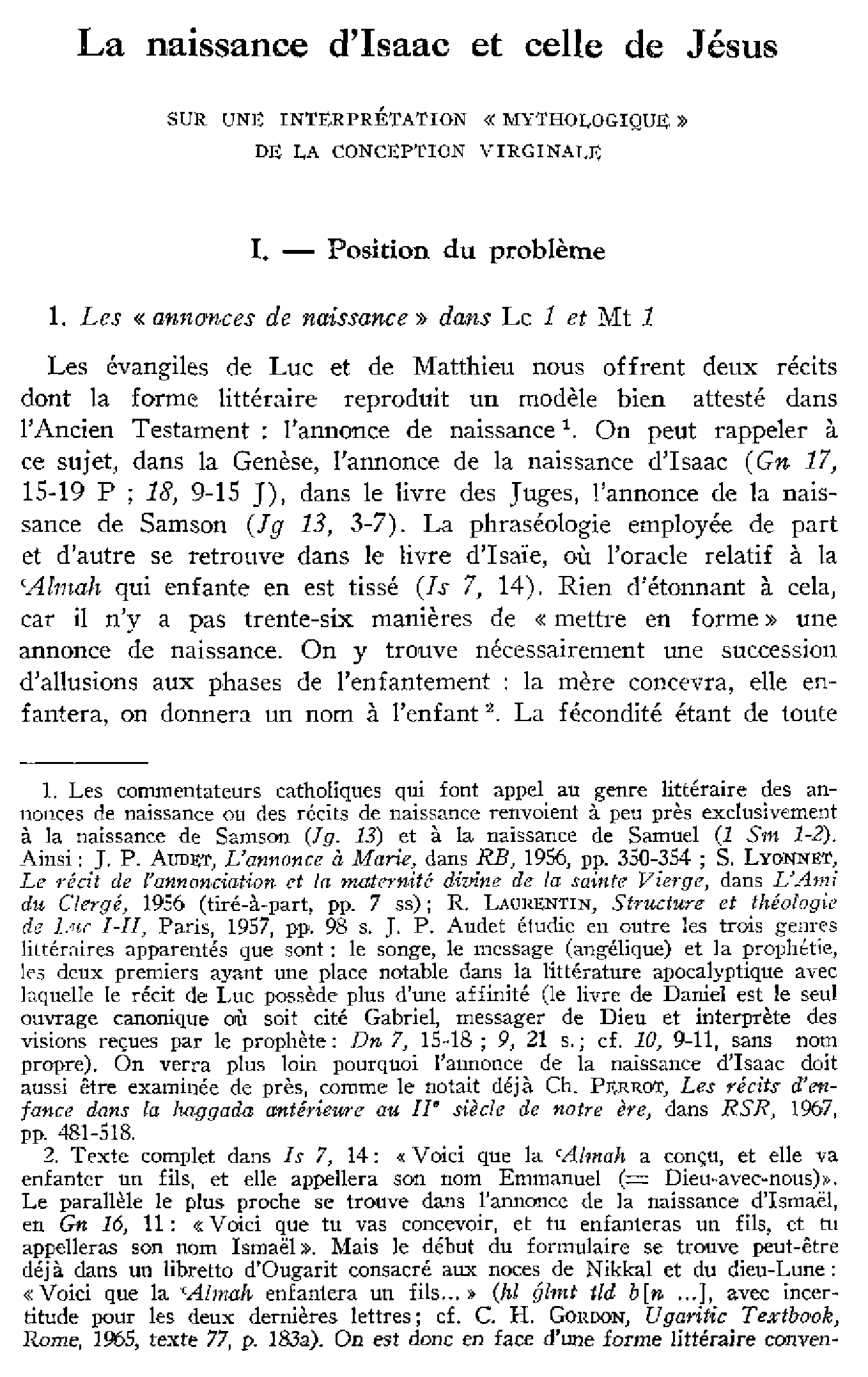 La naissance d'Isaac et celle de Jésus. Sur une interprétation «mythologique» de la conception virginale (à suivre)