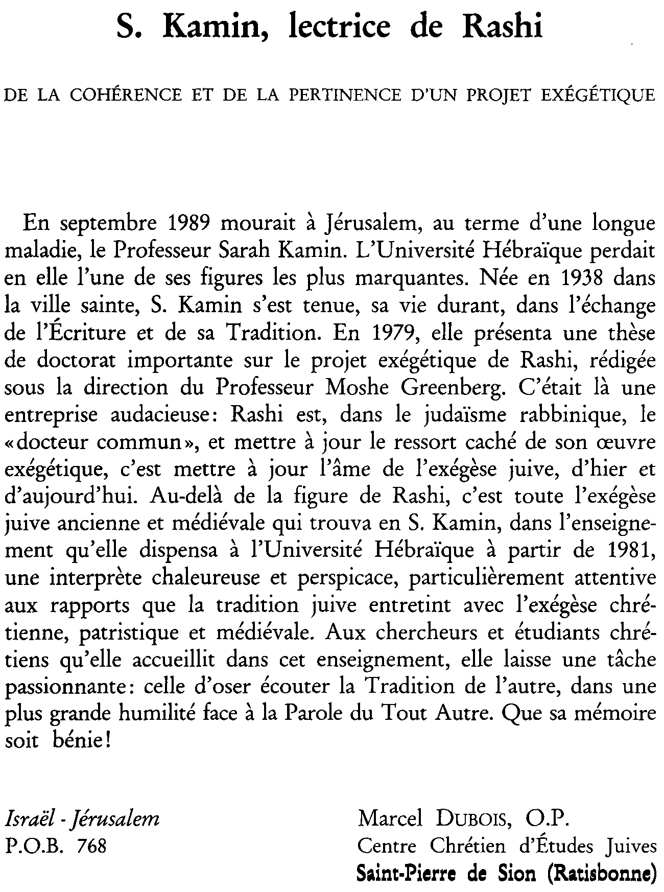 Kamin, lectrice de Rashi. De la cohérence et de la pertinence d'un projet exégétique