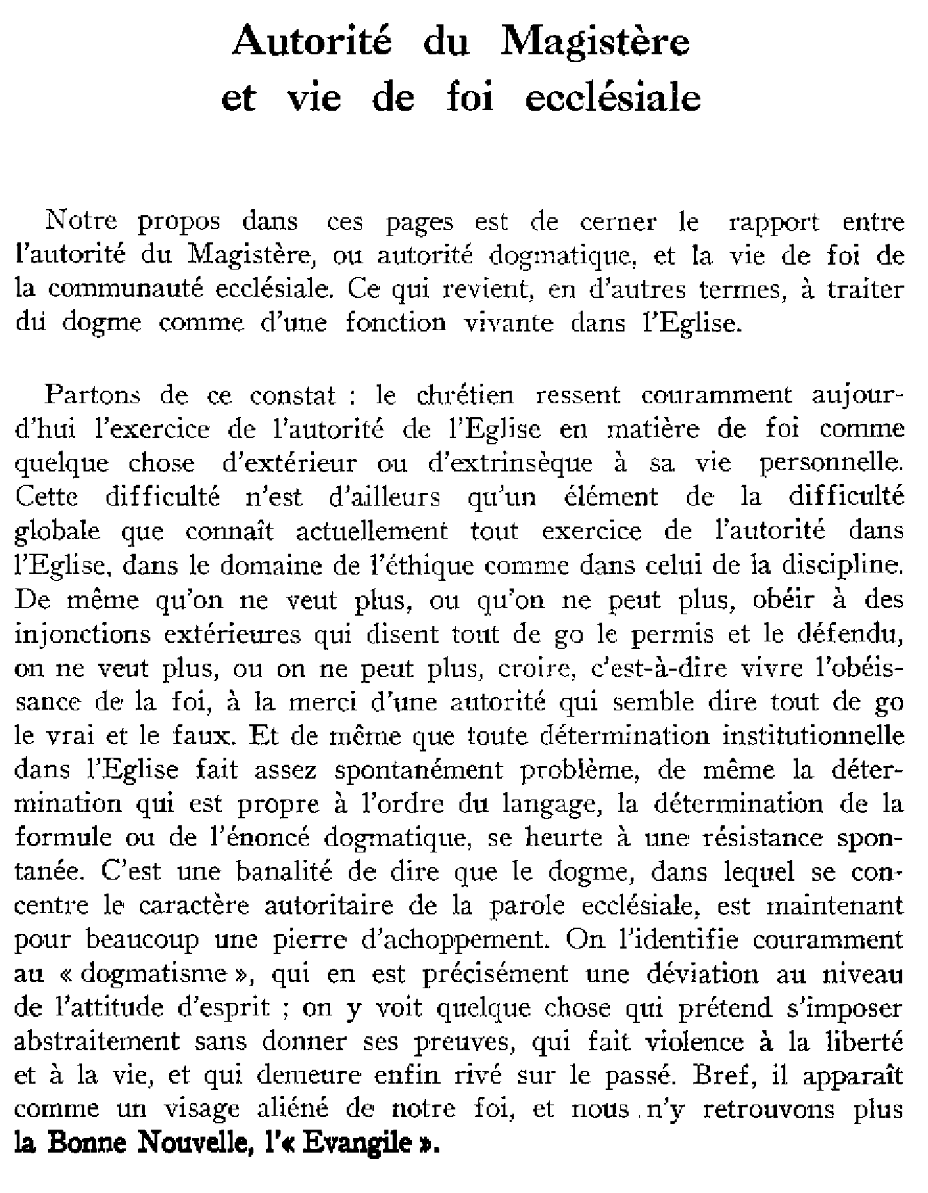 Autorité du Magistère et vie de foi ecclésiale