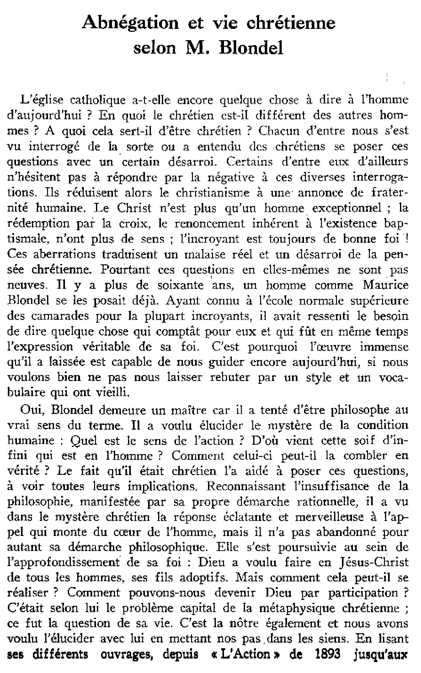 Abnégation et vie chrétienne  selon M. Blondel