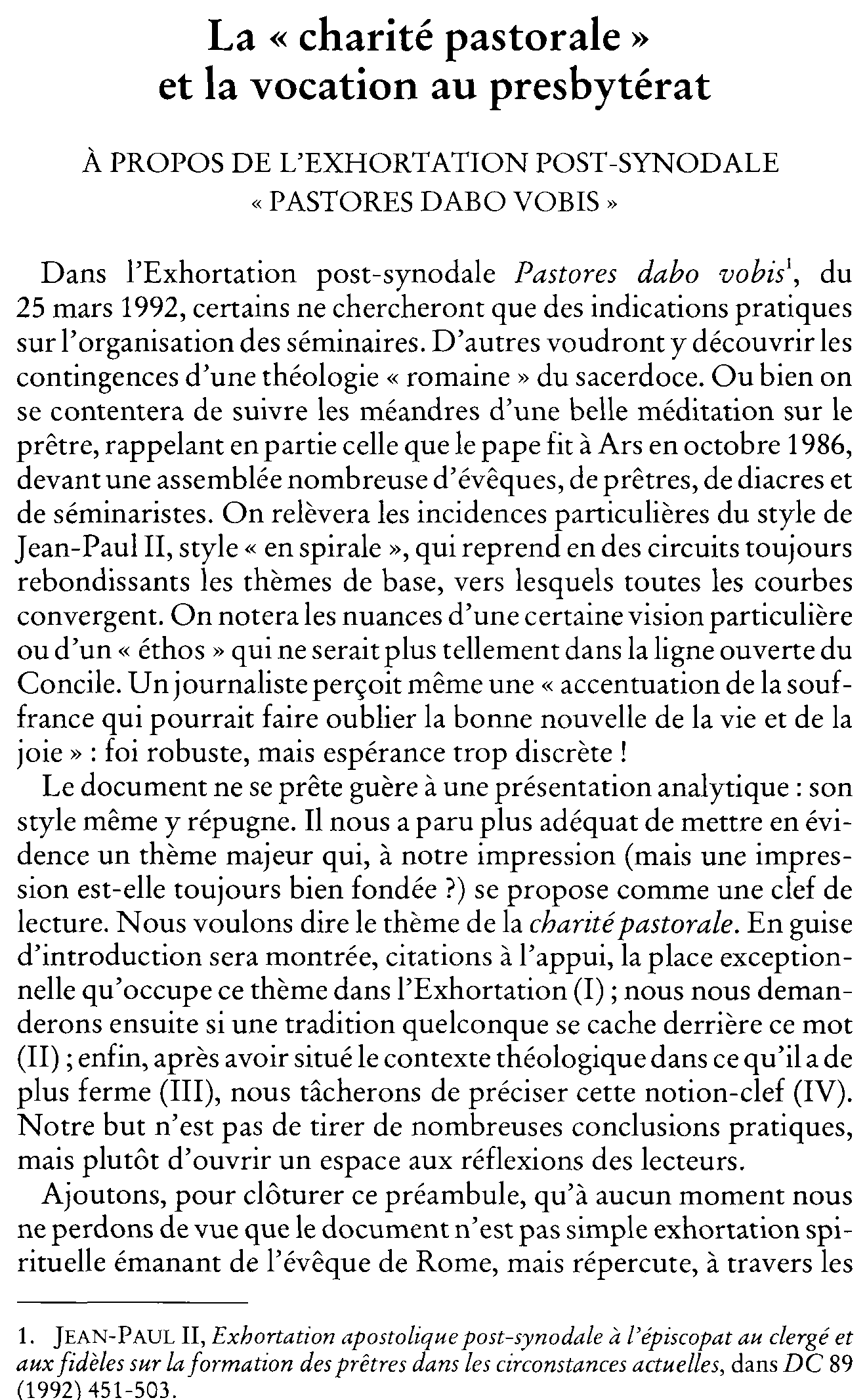 La «charité pastorale» et la vocation au presbytérat. À propos de l'Exhortation post-synodale  Pastores dabo vobis