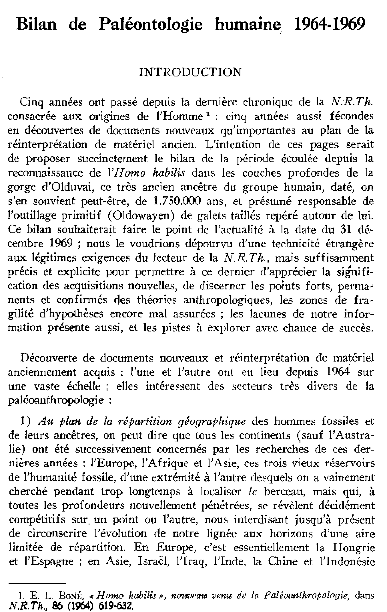 Bilan de paléontologie humaine 1964-1969