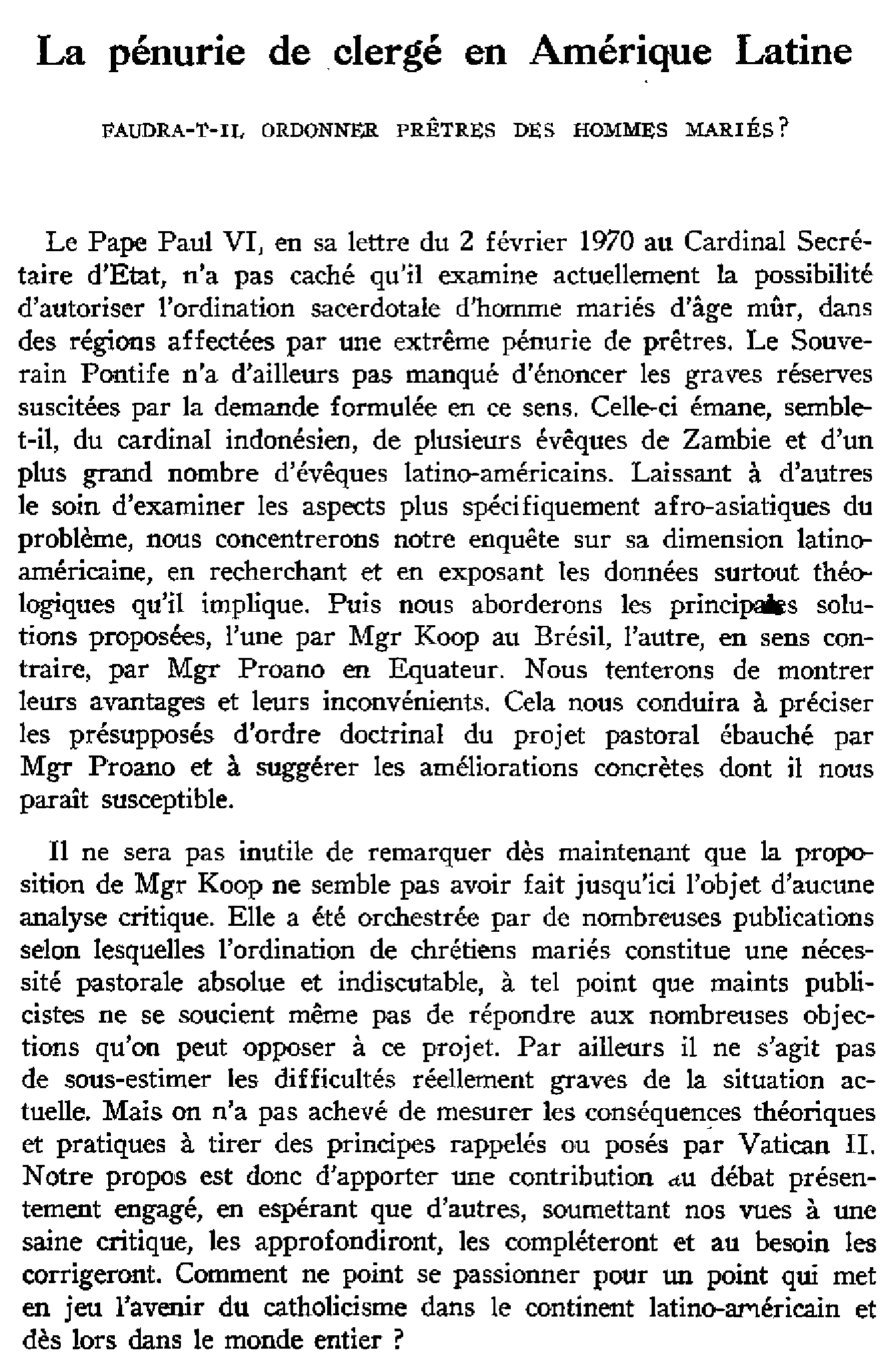 La pénurie de clergé en Amérique Latine