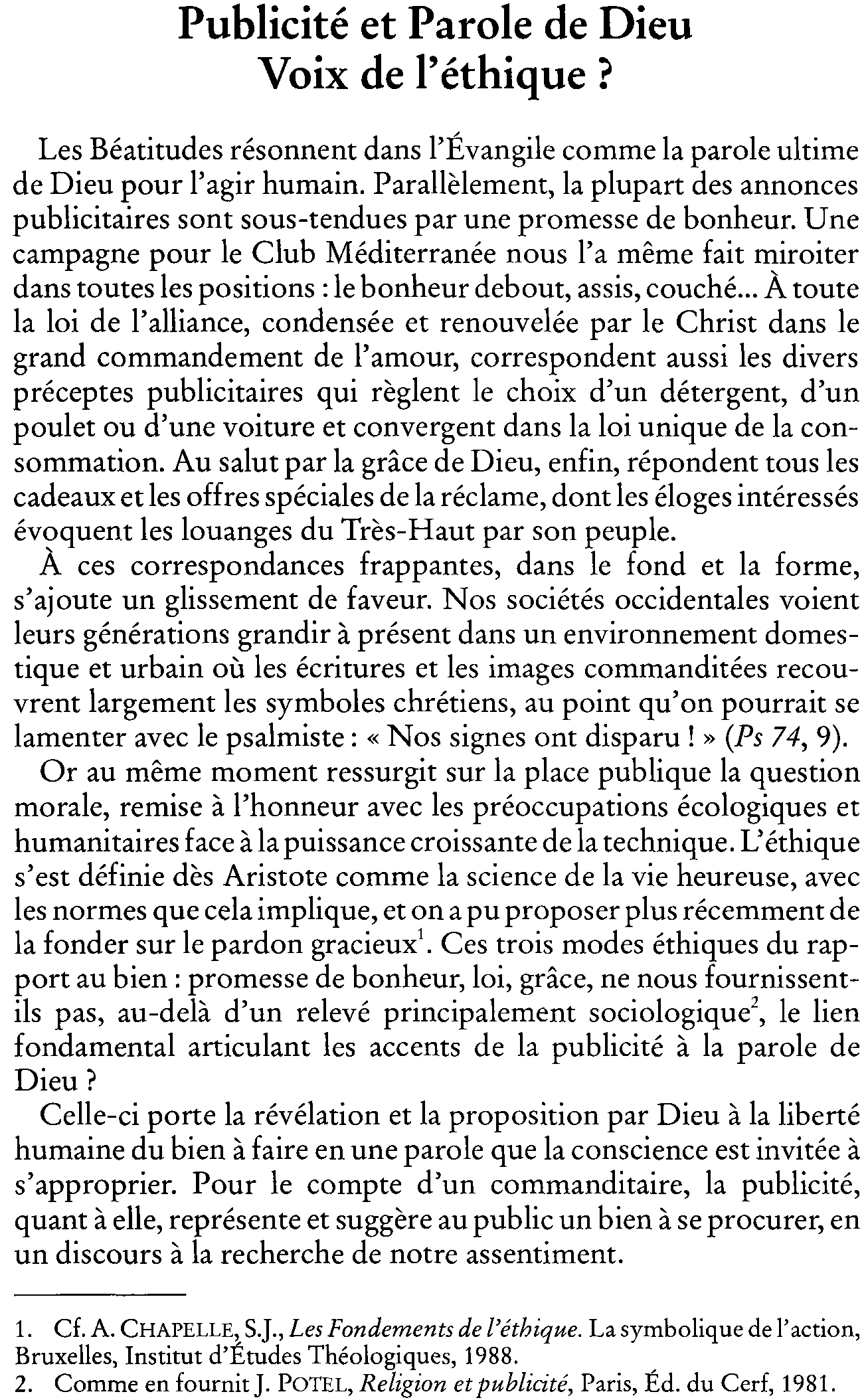 Publicité et Parole de Dieu. Voix de l'éthique?
