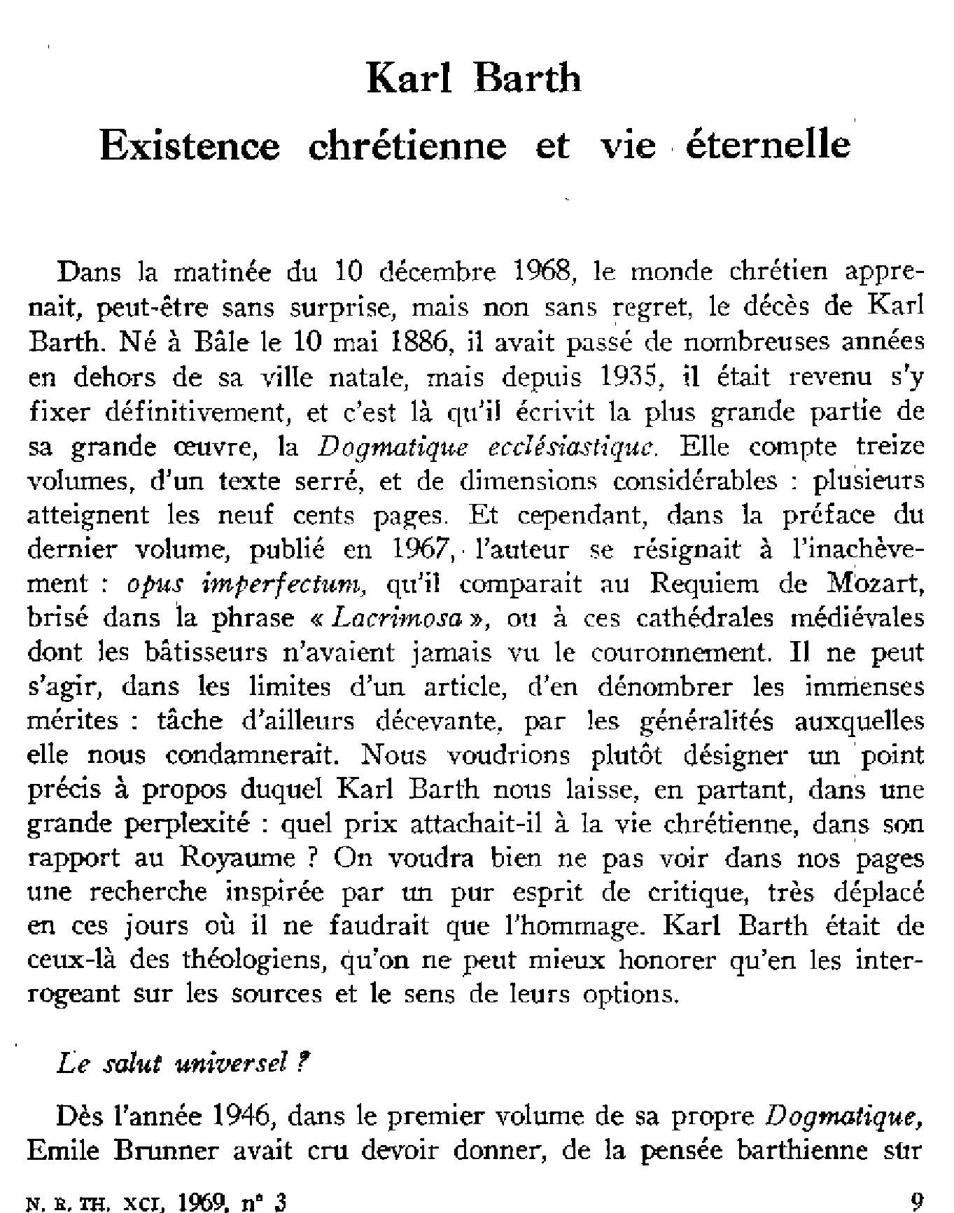 Karl Barth. Existence chrétienne et vie éternelle