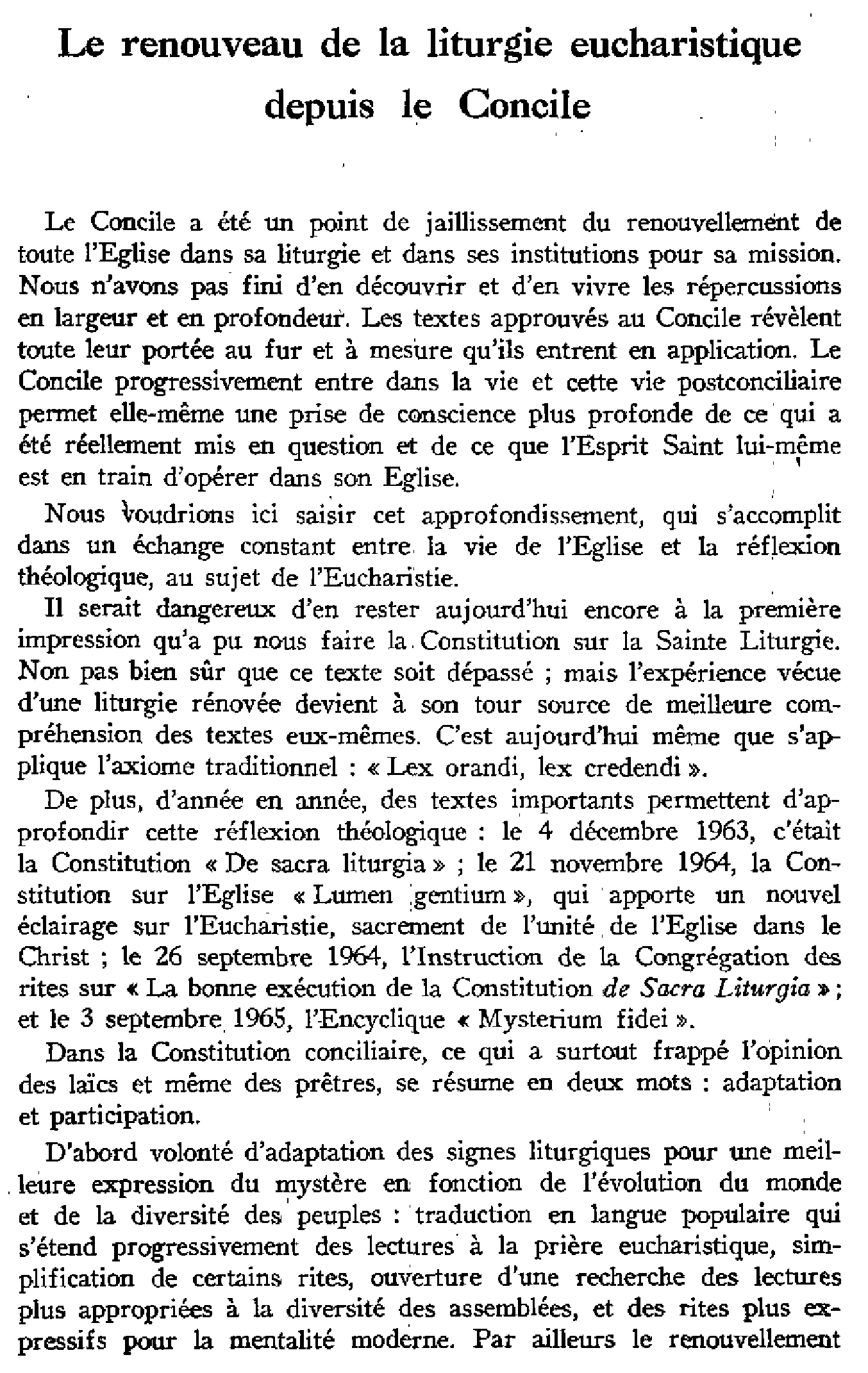 Le renouveau de la liturgie eucharistique depuis le Concile