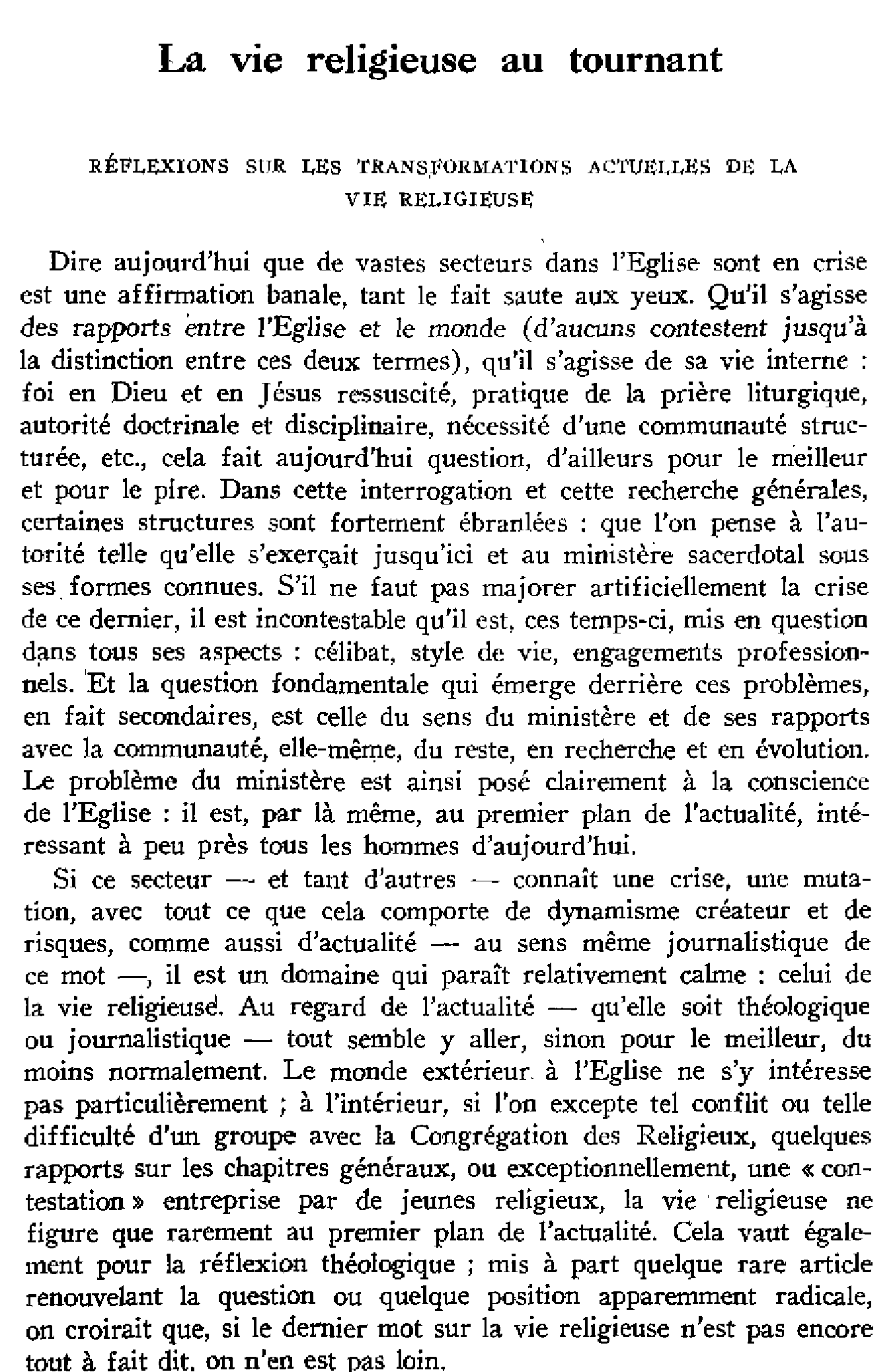 La vie religieuse au tournant
