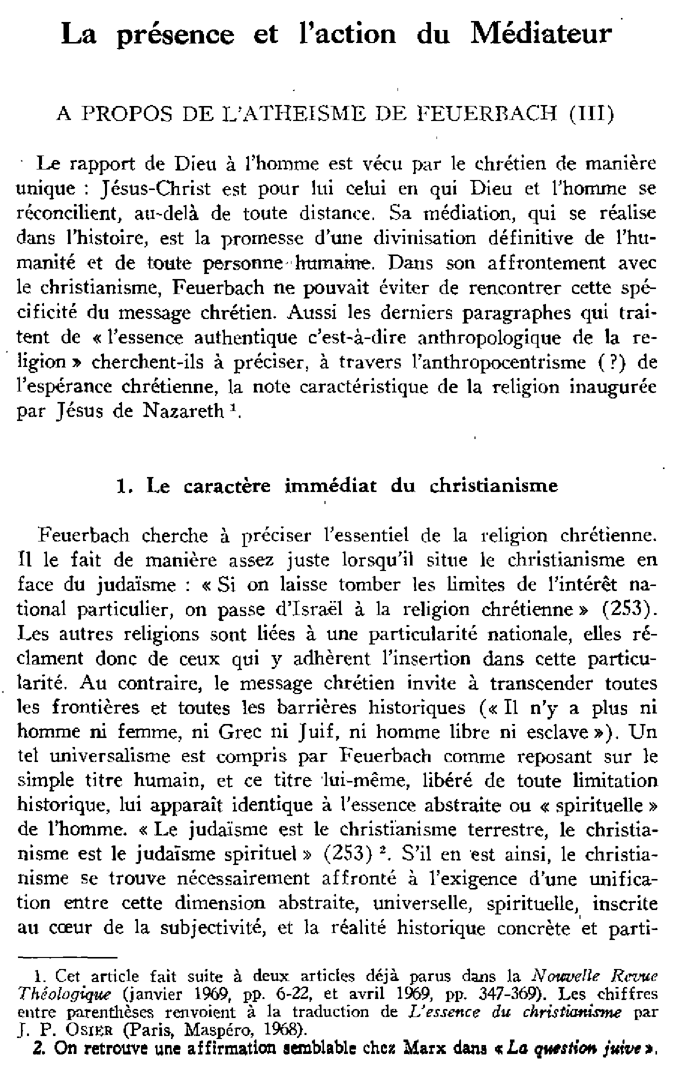 La présence et l'action du Médiateur. À propos de l'athéisme de Feuerbach (III)