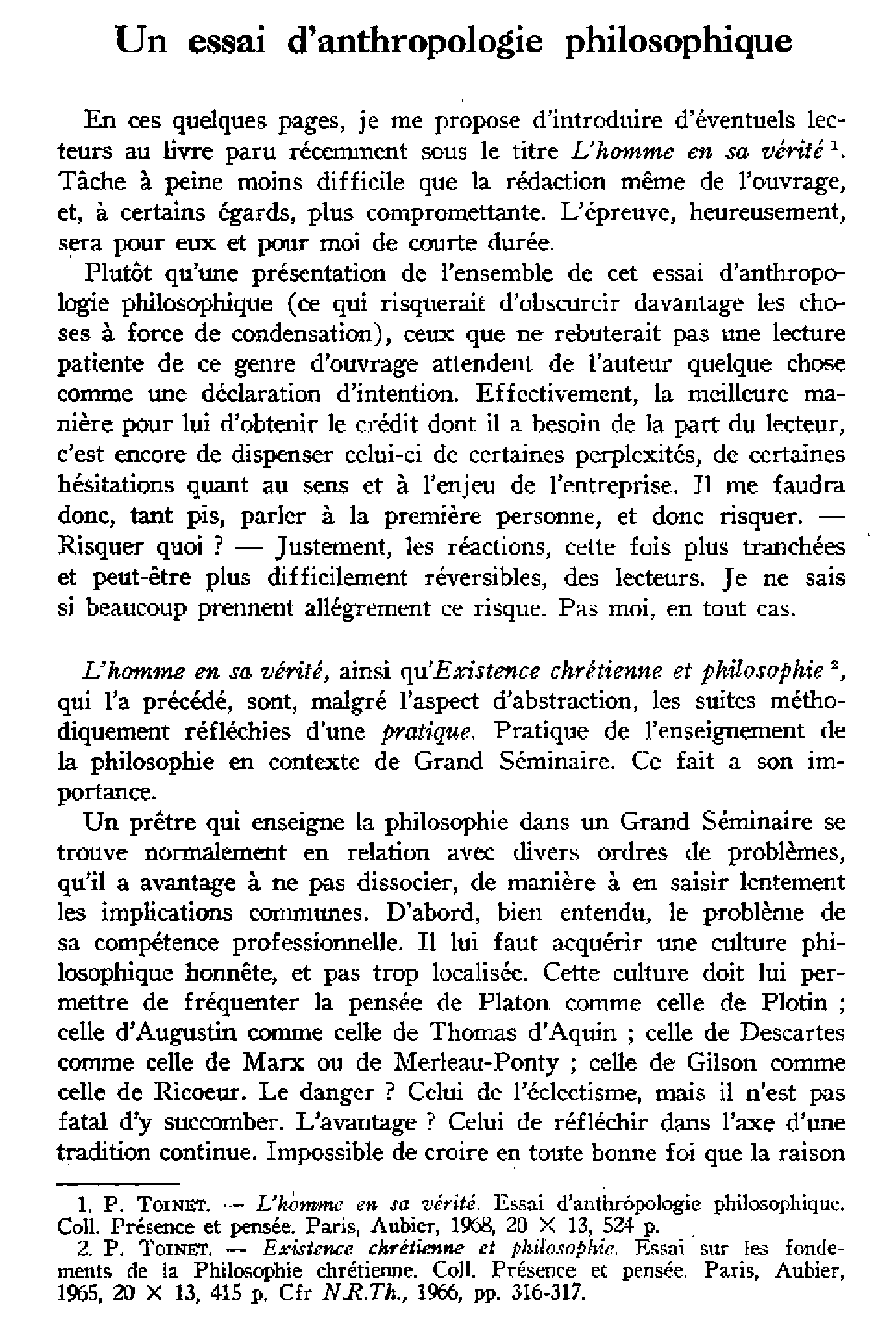 Un essai d'anthropologie philosophique