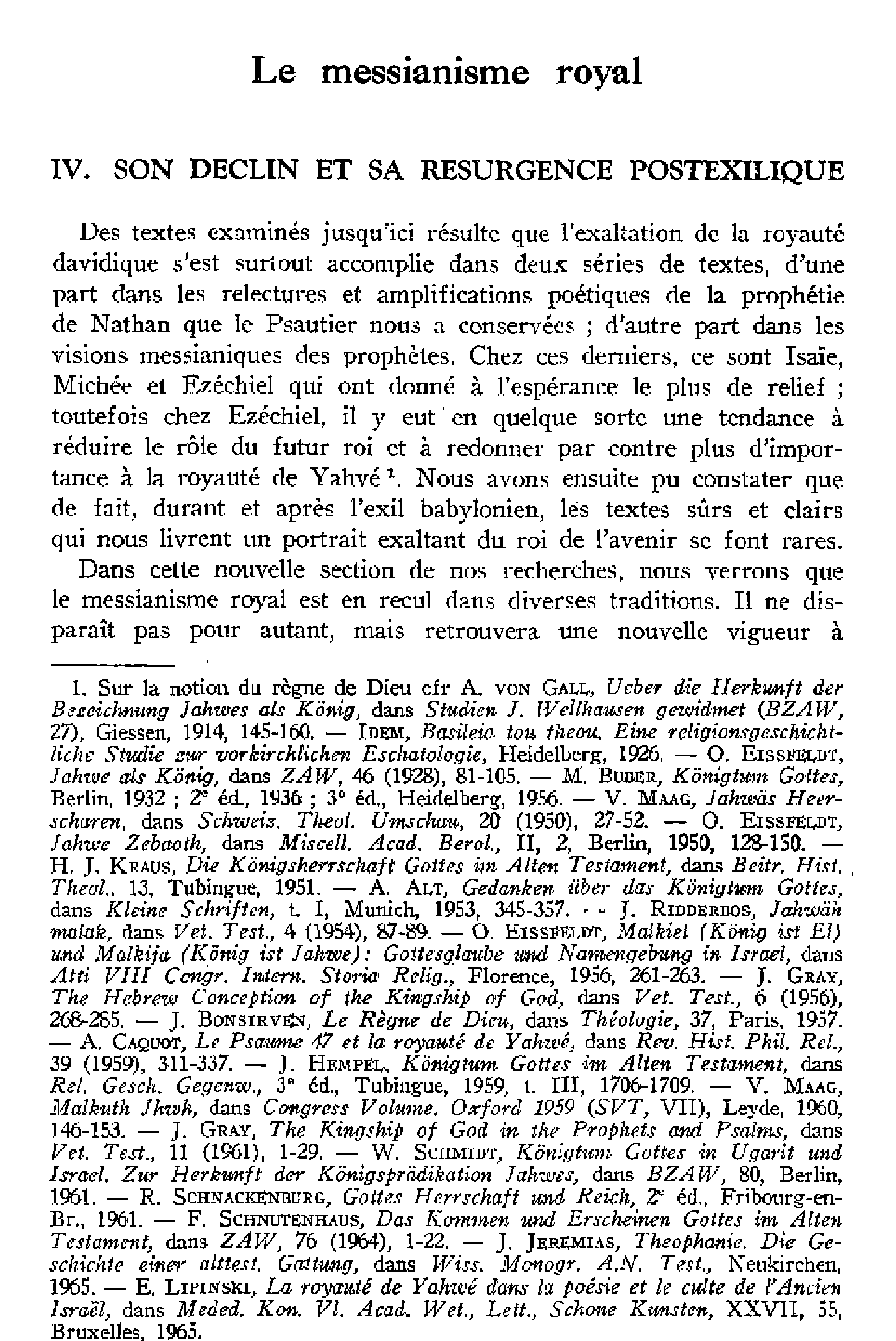 Le messianisme royal (IV). Son déclin et sa résurgence postexilique
