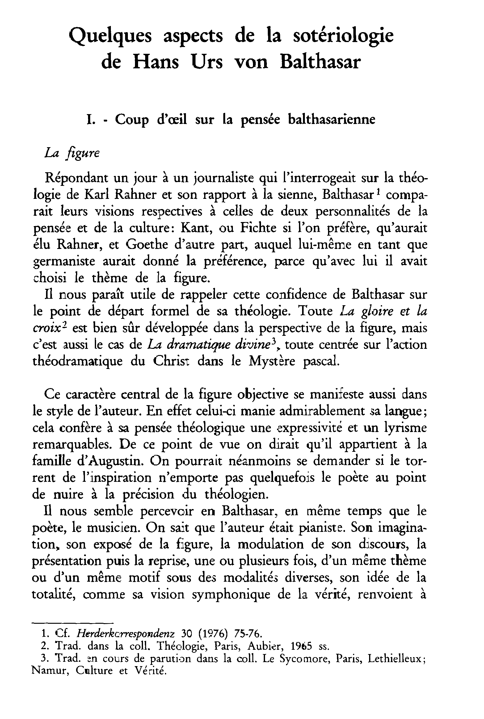 Quelques aspects de la sotériologie de Hans Urs von Balthasar
