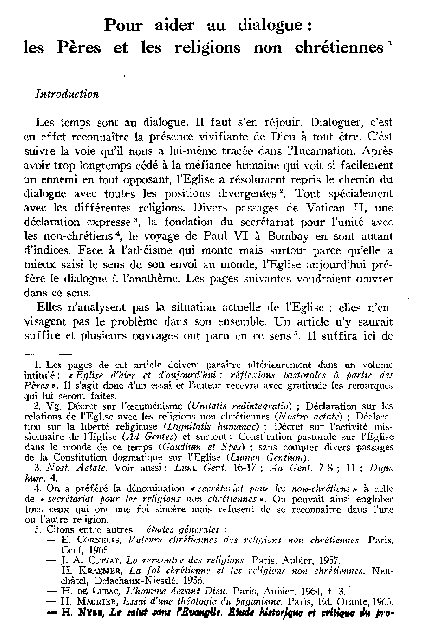 Pour aider au dialogue: les Pères et les religions non chrétiennes (à suivre)