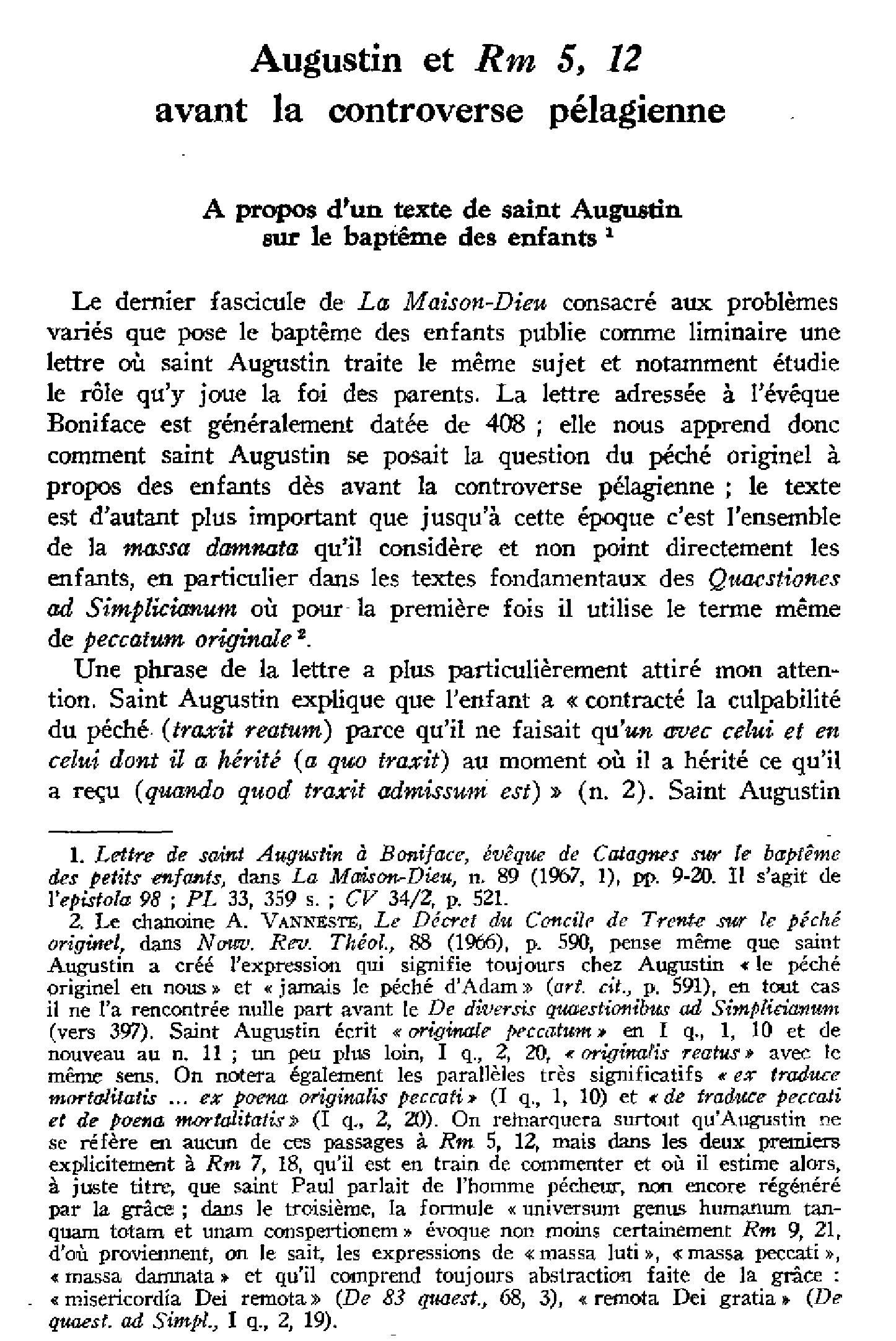 Augustin et Romains 5,12 avant la controverse pélagienne. Sur le baptême des enfants